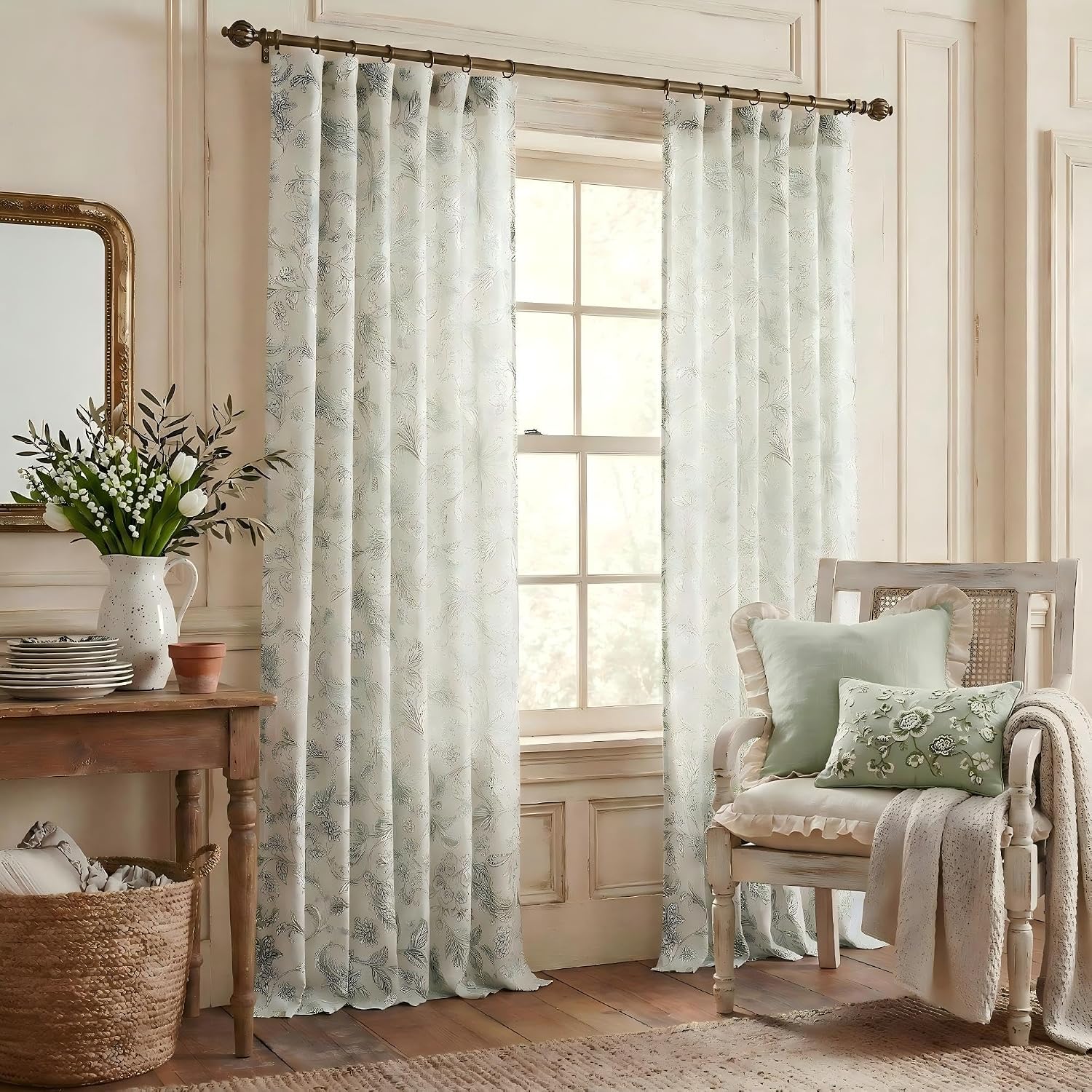 NICETOWN -  Linen Farmhouse Curtains Sage Green Floral Curtains 63 Inch Length Back Tab Drapes fo...