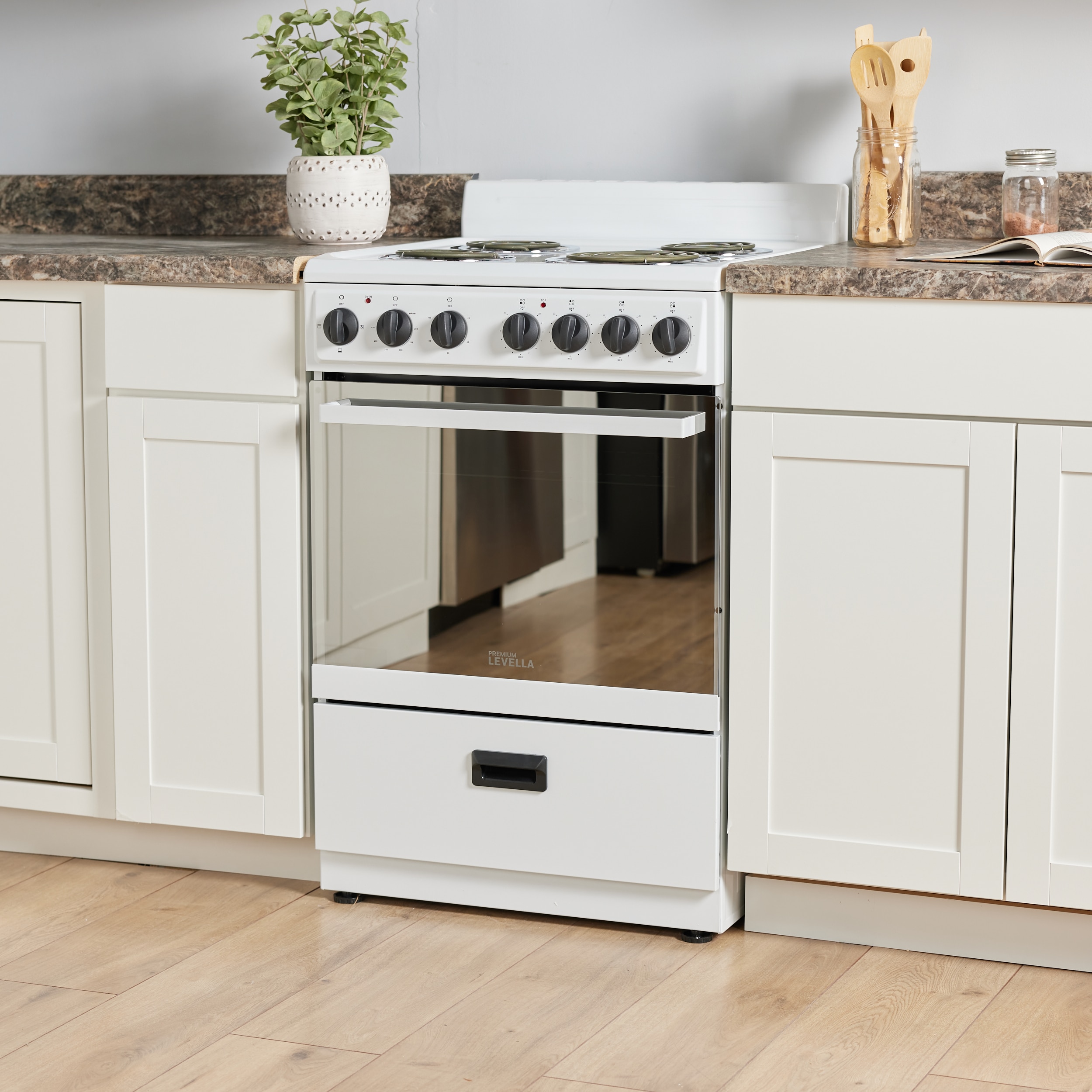 Premium Levella 24 in. 2.7 cu. ft. Single Oven Electric Range with 4  Burners and Storage Drawer in White 