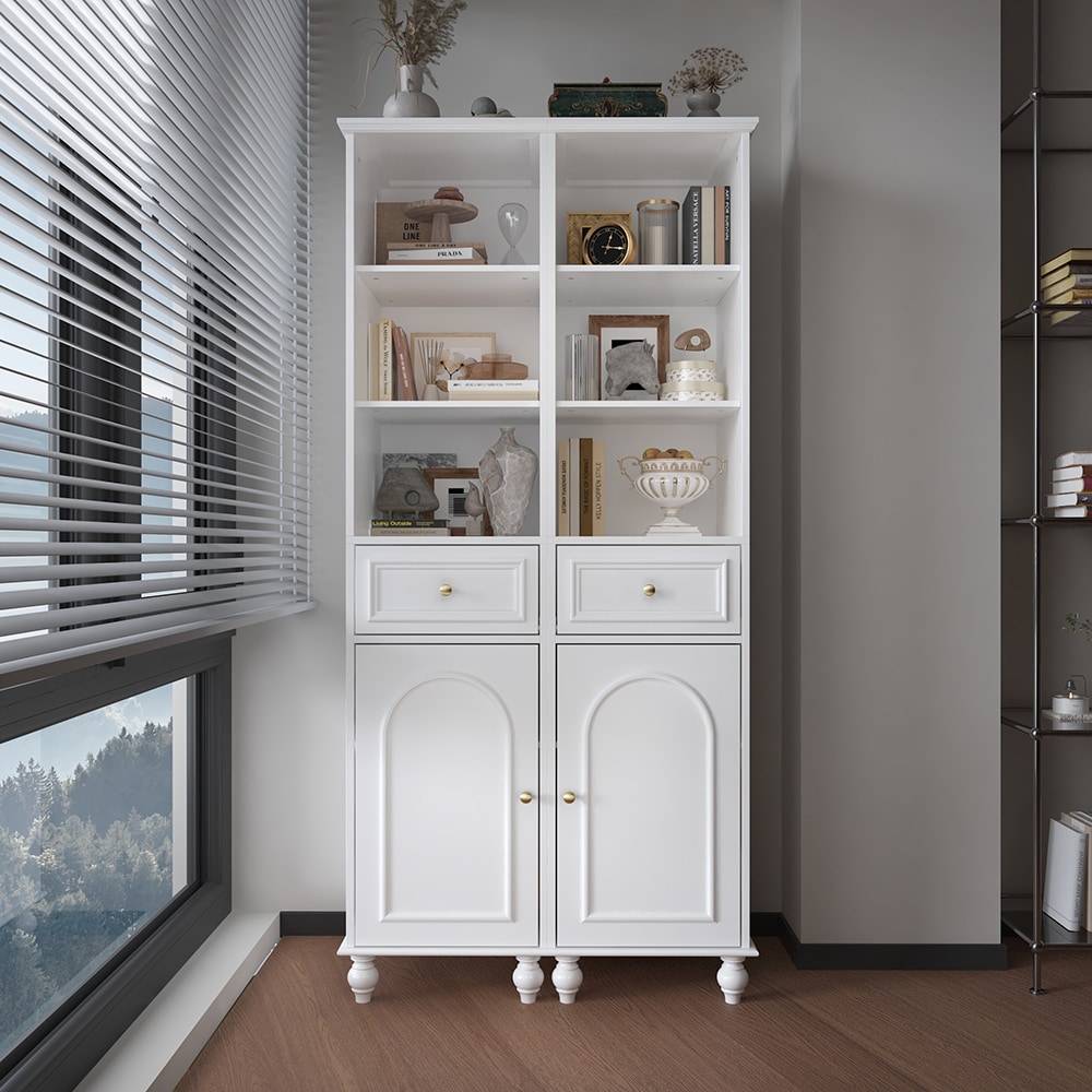 Homsee V-KF390057-02 Elegant Two Piece White MDF Bookshelf with Elevated Cylindrical Base Multiple Compartments and Spacious Drawers