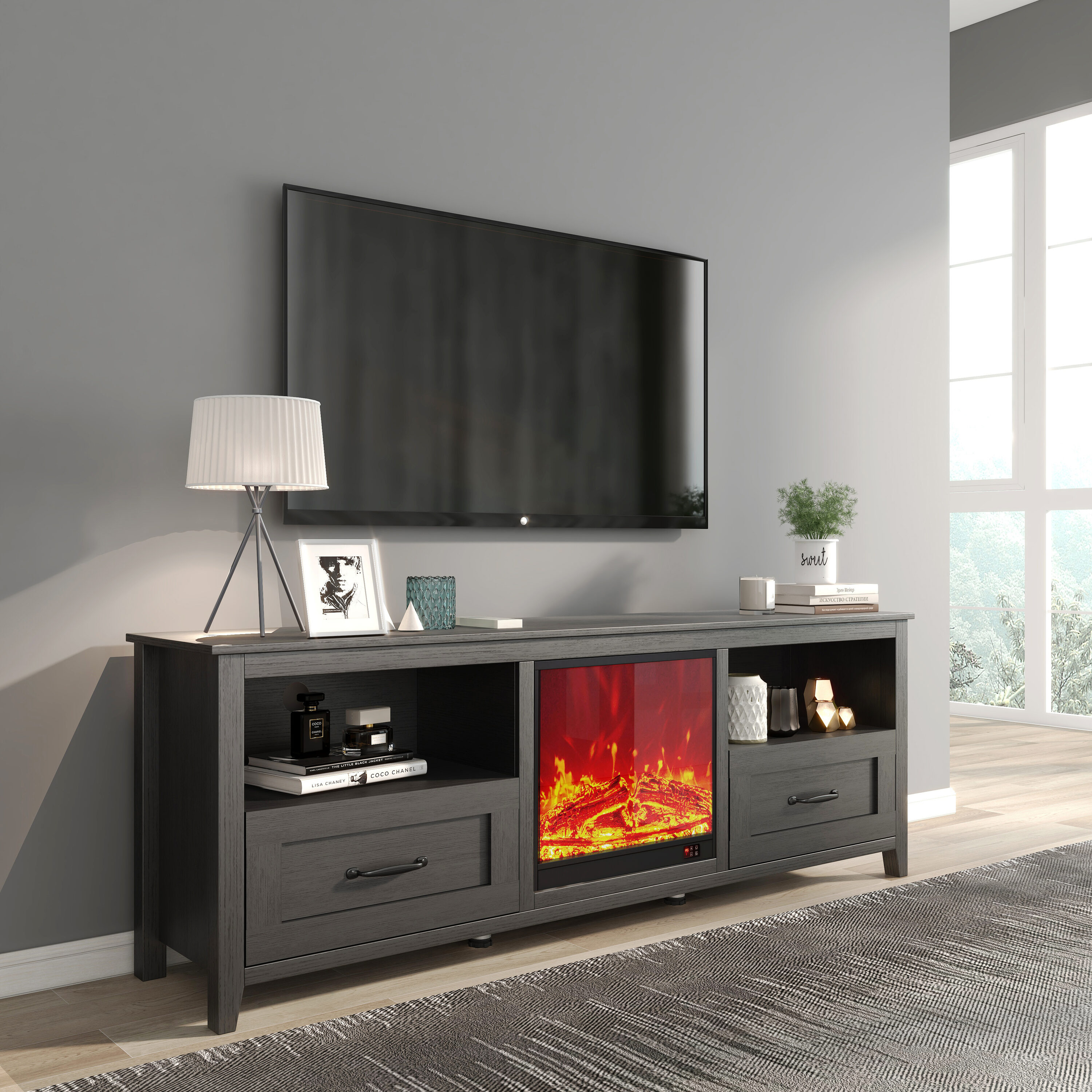LOVMOR SF-R-W881P224253 70.08 Inch Length Black TV Stand for Living Room and Bedroom with 2 Drawers and 4 High-Capacity Storage CompartmentSuitable for fireplace