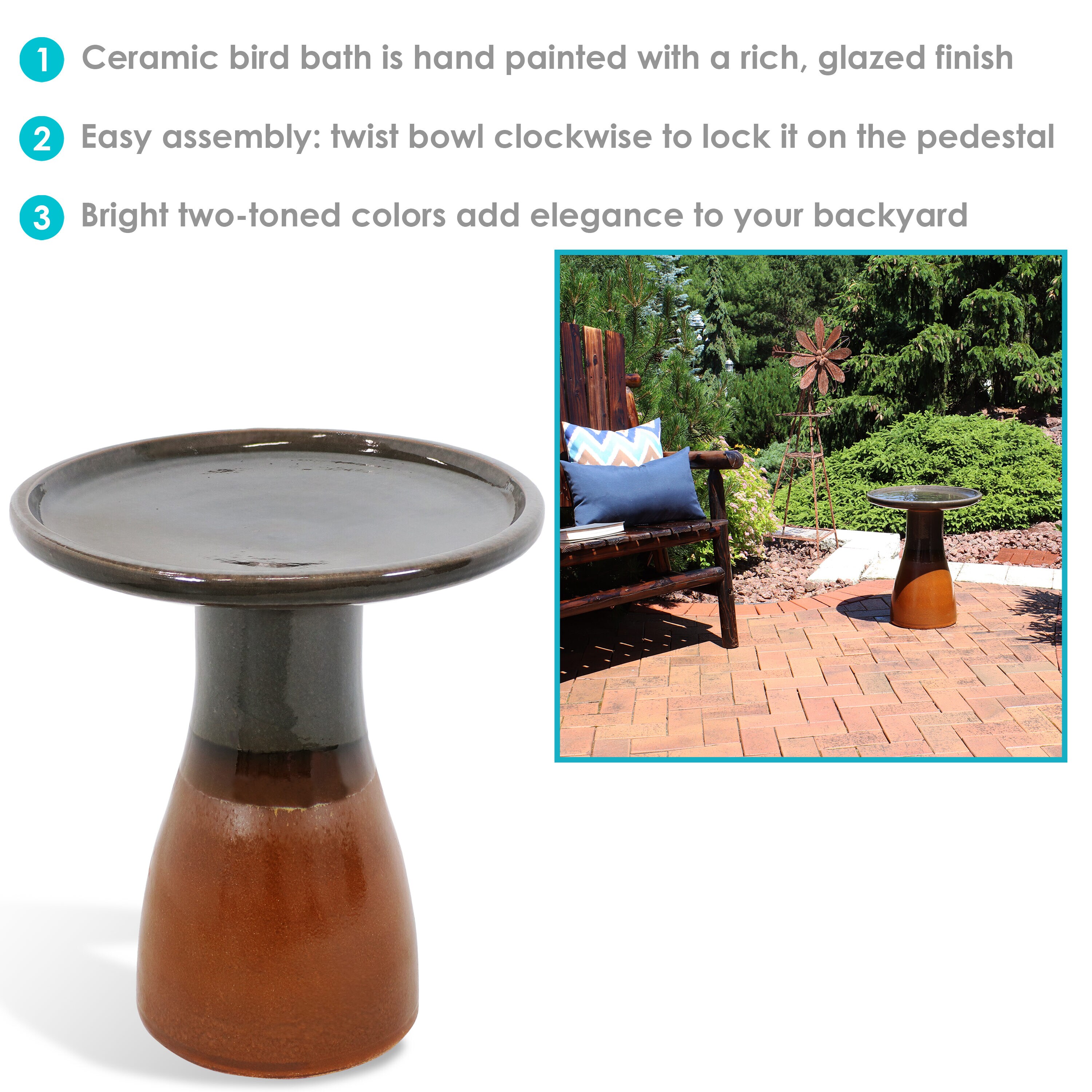 Dusty Rose Ceramic Two-Tone 21-Inch Outdoor Bird Bath