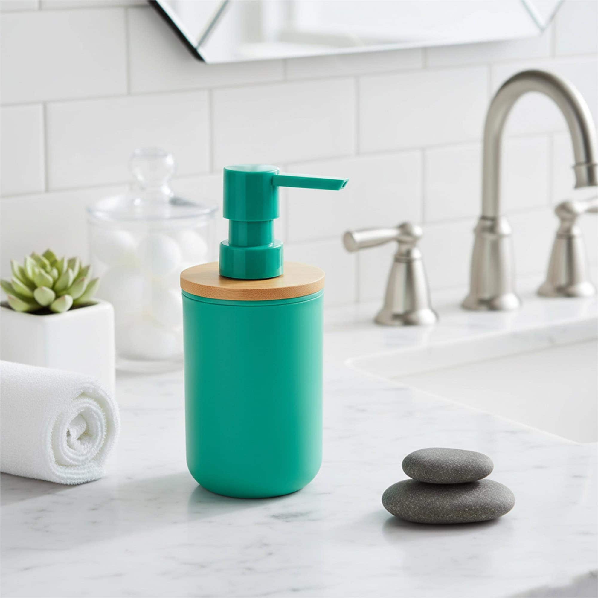 EVIDECO FRENCH HOME GOODS 10-fl oz Green Soap and Lotion Pump Dispenser Padang with Bamboo Top Perfect for Kitchen and Bathroom Countertops