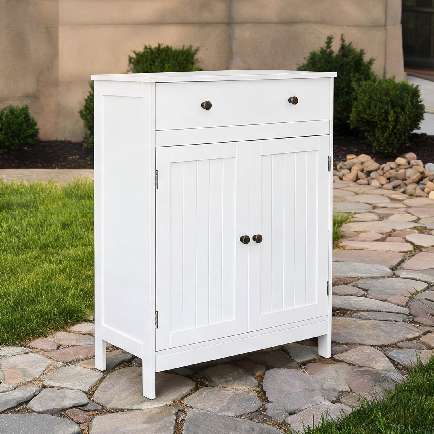 SunJet Crisp White MDF Freestanding Bathroom Cabinet with Adjustable Shelves 31.5-Inch Tall Double-Door with Drawer