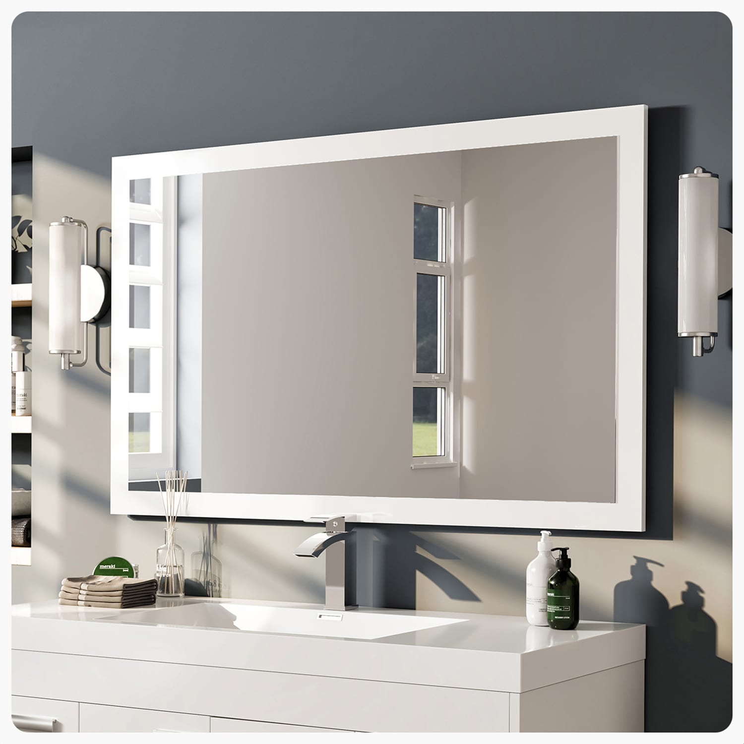 Eviva EVMR-48X30-GWH Sun 48-in W x 30-in H Rectangle White Framed Wall Mirror