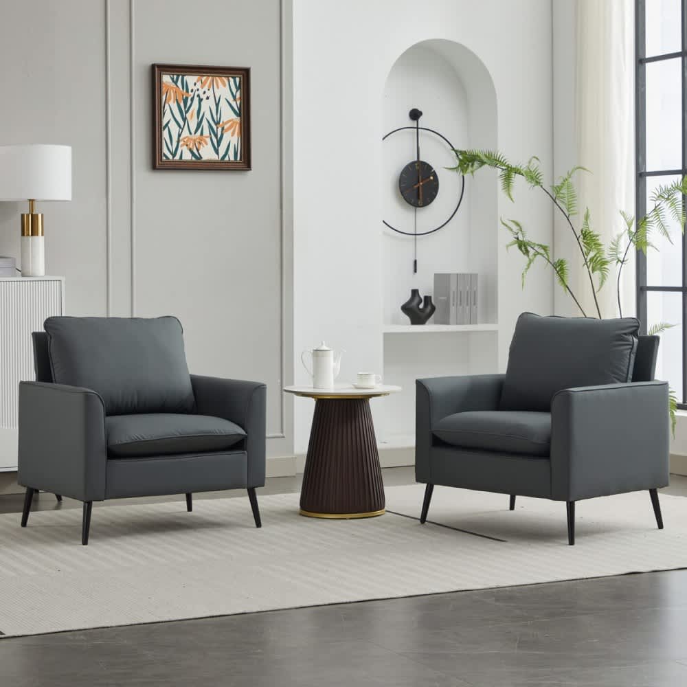 Coolbibila DAVID-CHAIR-GRAY Set of 2 Gray Leather Upholstered Accent Chairs Nordic Retro Single Lounge Chairs for Living Room