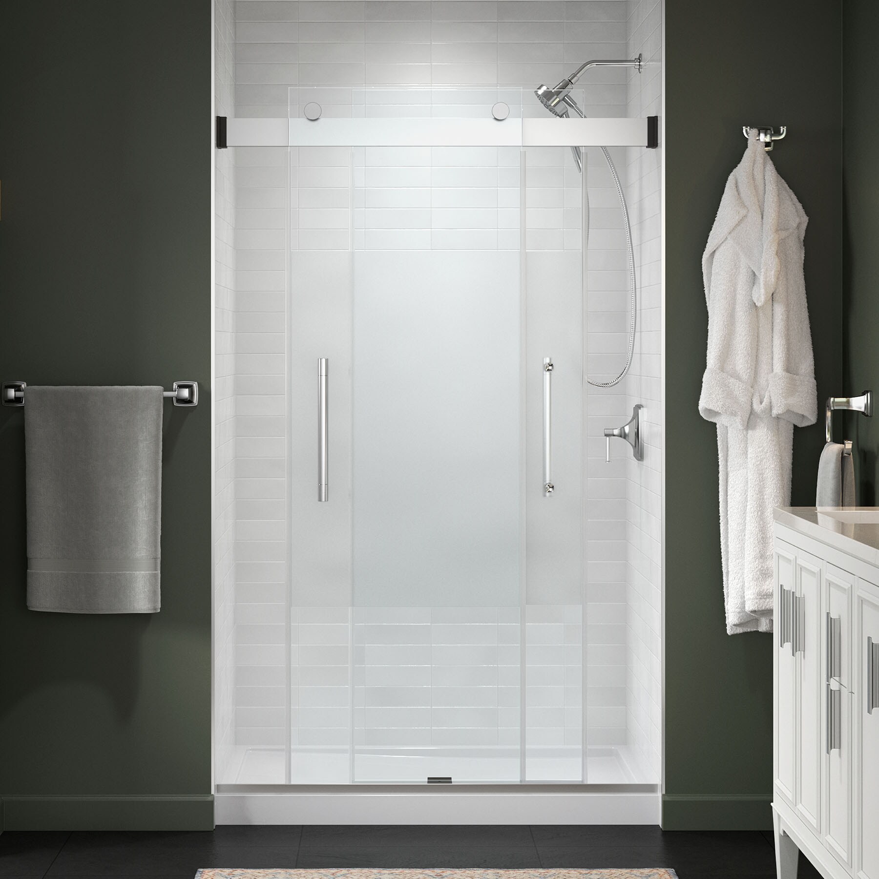 KOHLER 702475-8G81-SHP Premise Bright Polished Silver 44-in to 48-in W x 75.75-in H Frameless Sliding Soft Close Shower Door 5/16-in Thick Clear Glass