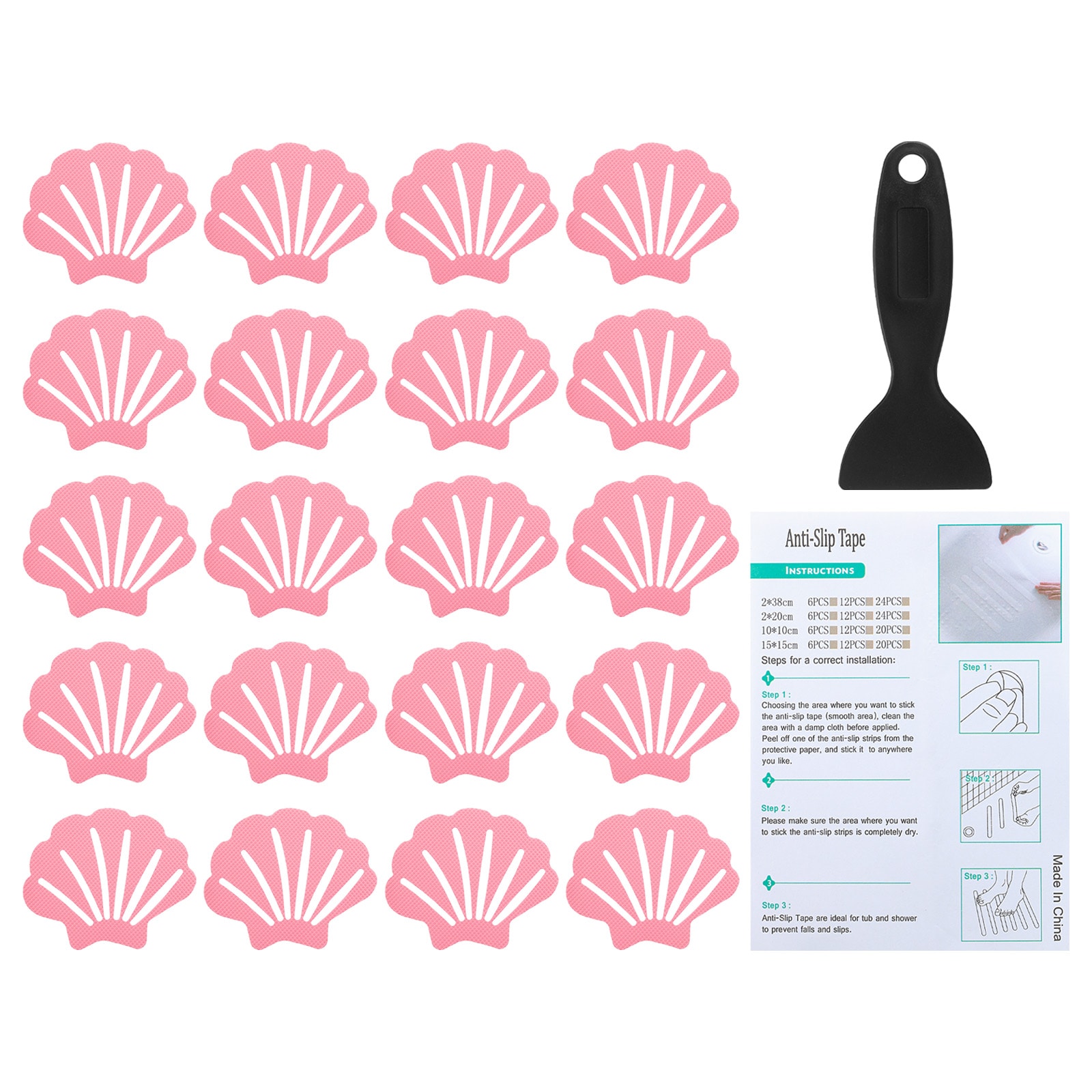 PATIKIL Bathtub Non Slip Stickers 3.54x2.76 Inch 20pcs Shell Safety Shower Floor Anti Slip Stickers with Adhesive Decals Scraper for Bath Tub Shower Floor Stair Pink