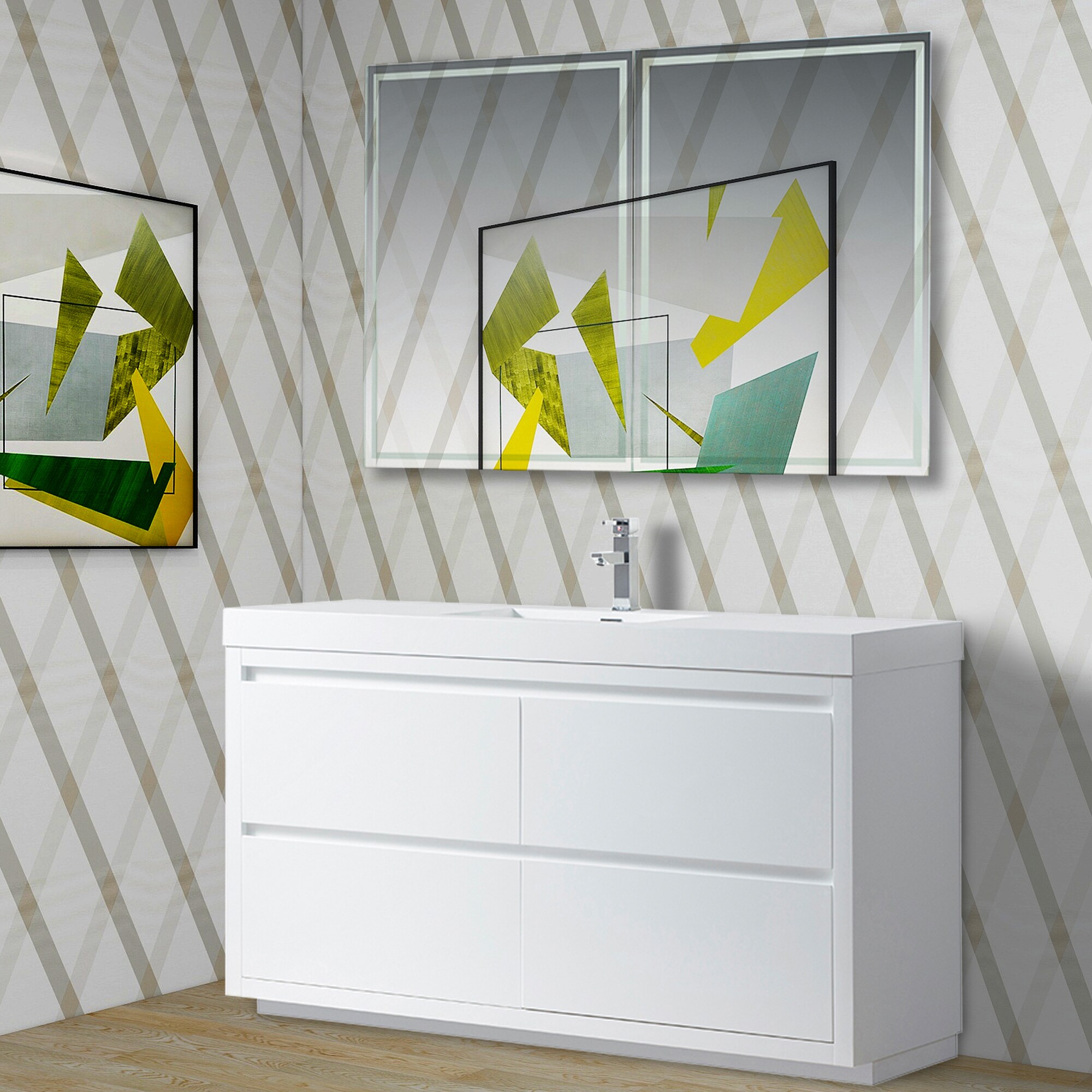 Glossy White 60-Inch Single Sink Bathroom Vanity with Resin Top