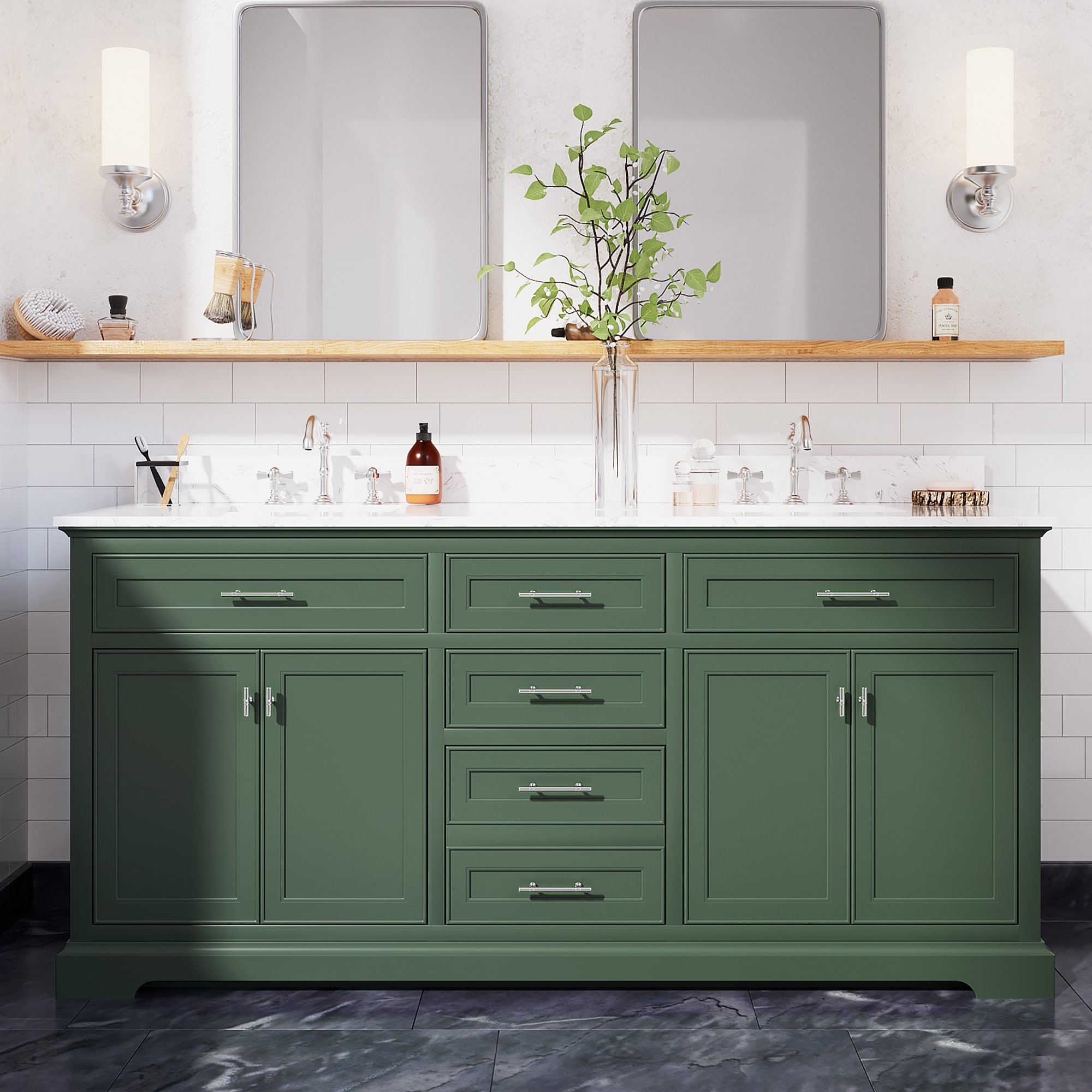 JEAREY DXRZJ-6S-BE Bathroom vanities with top 72-in Green Double Sink Bathroom Vanity with White Marble Top