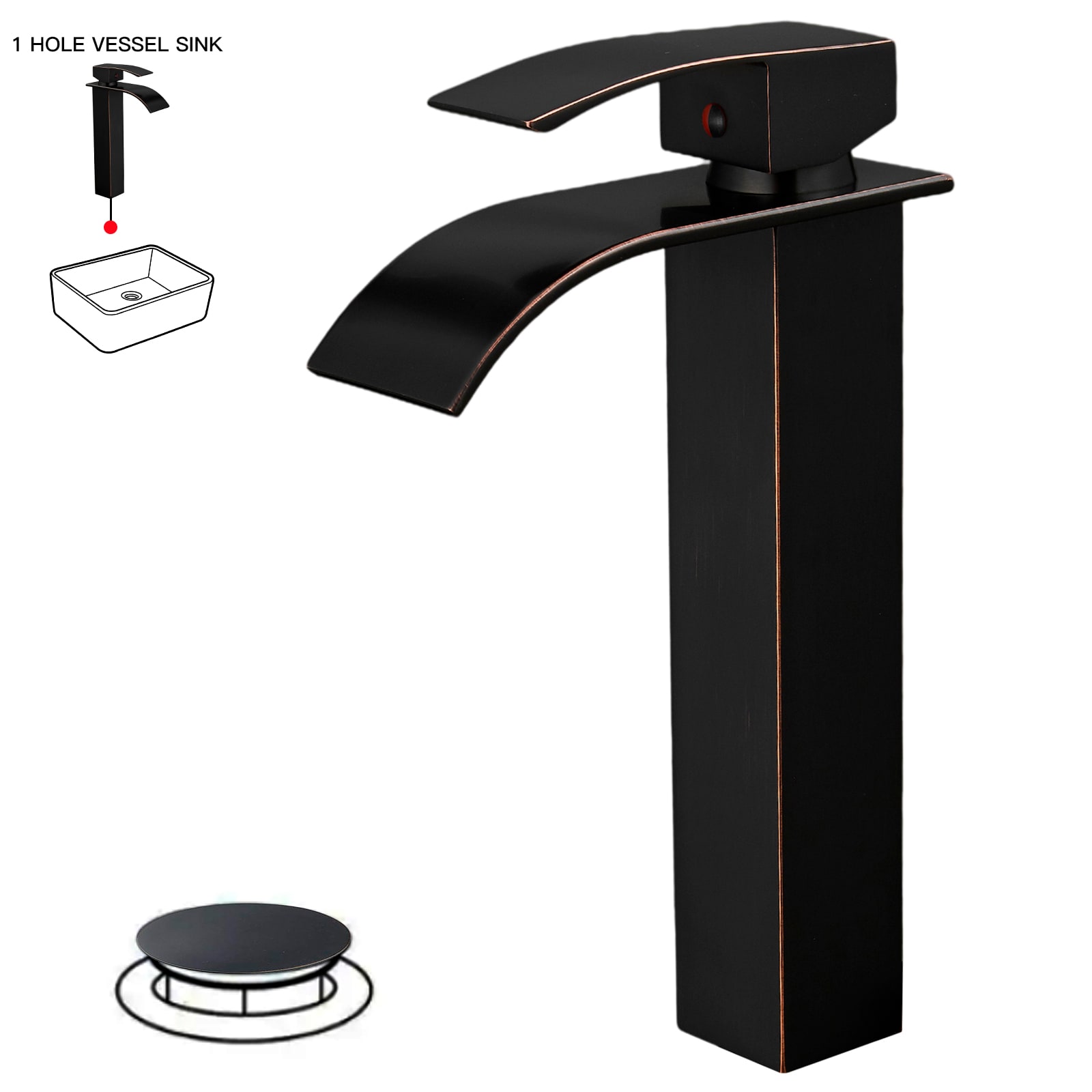 BWE A-96021H-ORB Oil Rubbed Bronze Vessel 1-handle WaterSense Waterfall Commercial/Residential Handle Bathroom Sink Faucet with Drain