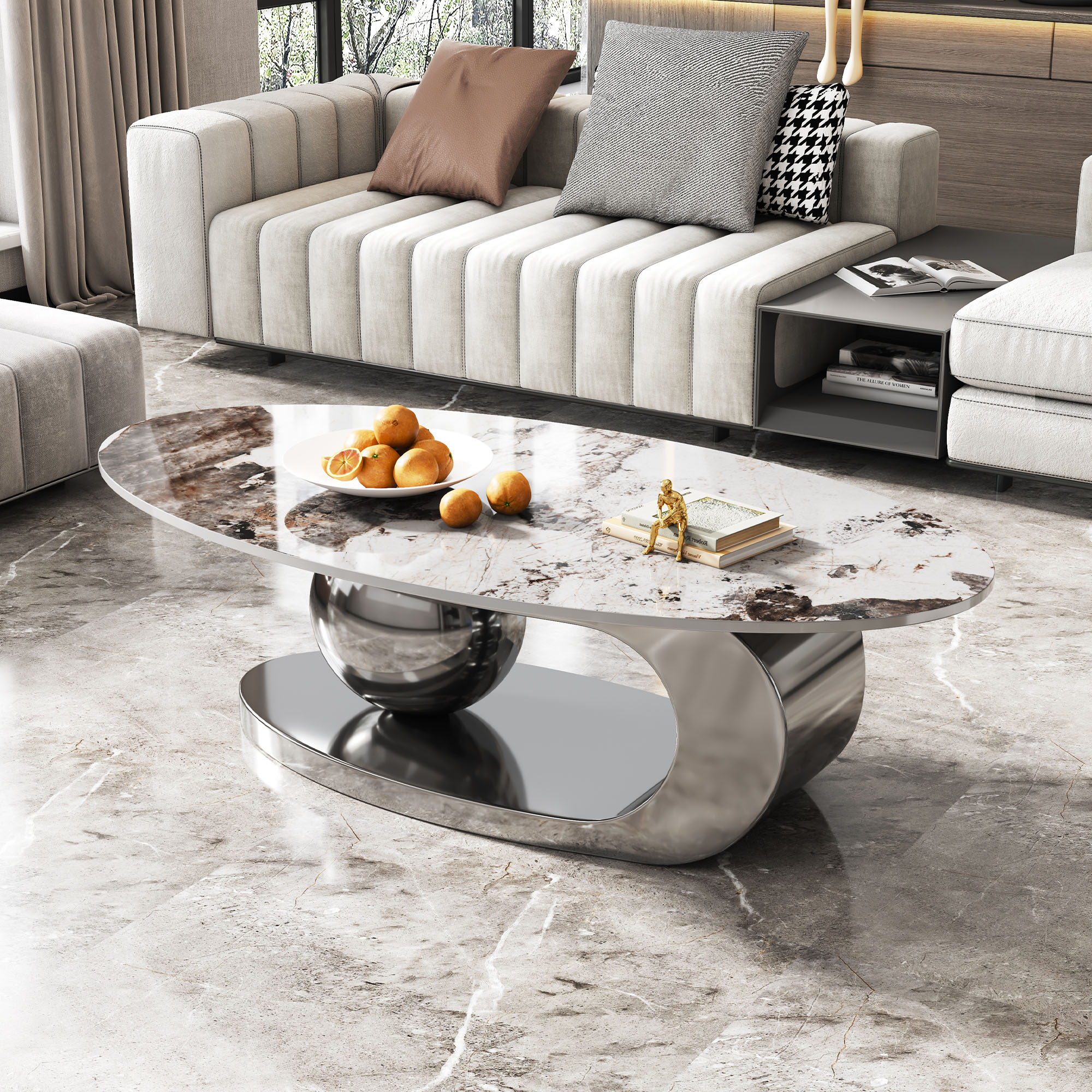 GDFStudio Contemporary 49.2 in Oval Sintered Stone Coffee Table with C-Shaped Stainless Steel Base and Natural Veining Pattern Top - Gray+White+Multi
