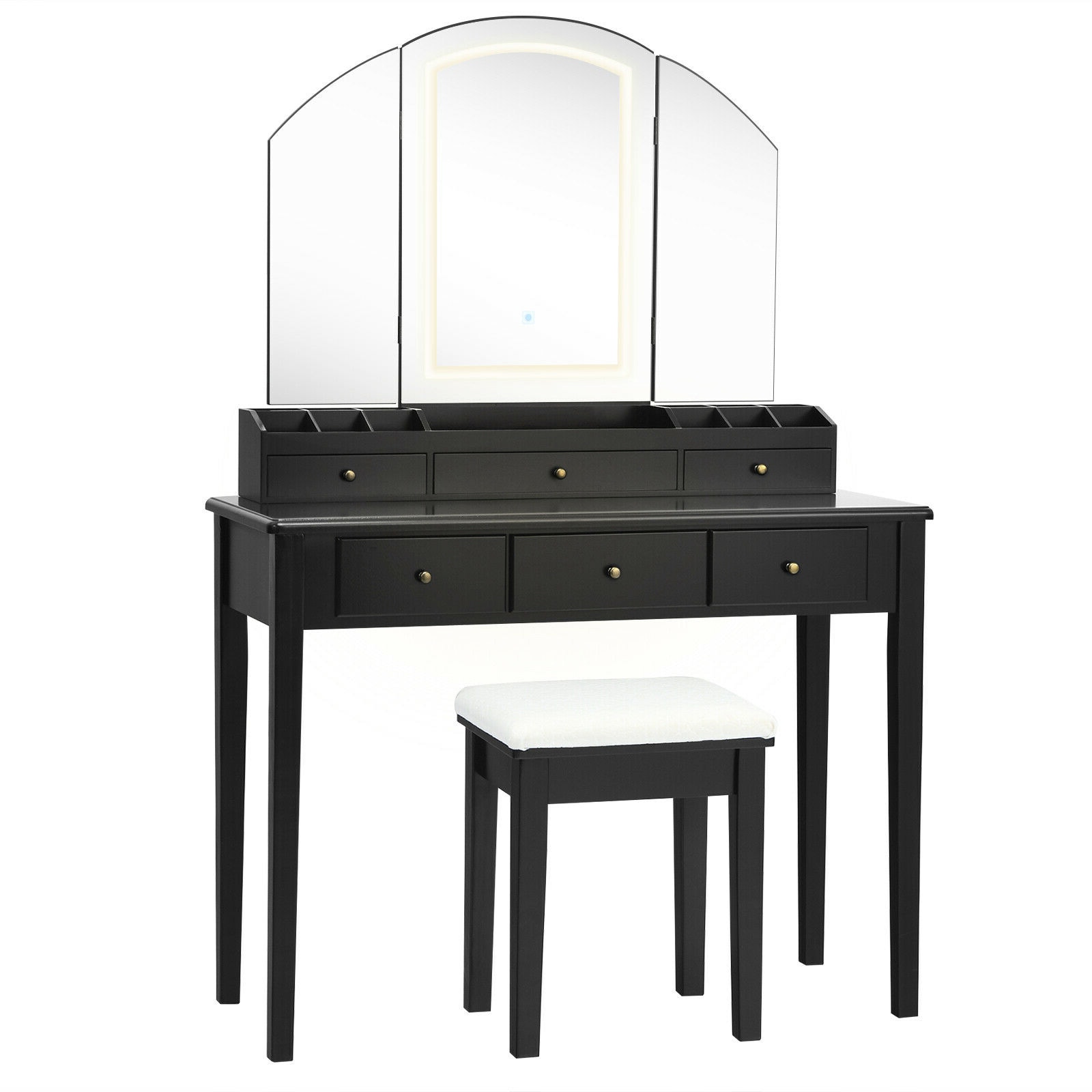 Slickblue D-CO-KB-SU55001UH 40 Inch Black/ White Makeup Vanity with Tri Folding LED Mirror Storage Compartments Drawers and Stool for Bedroom or Dressing Space
