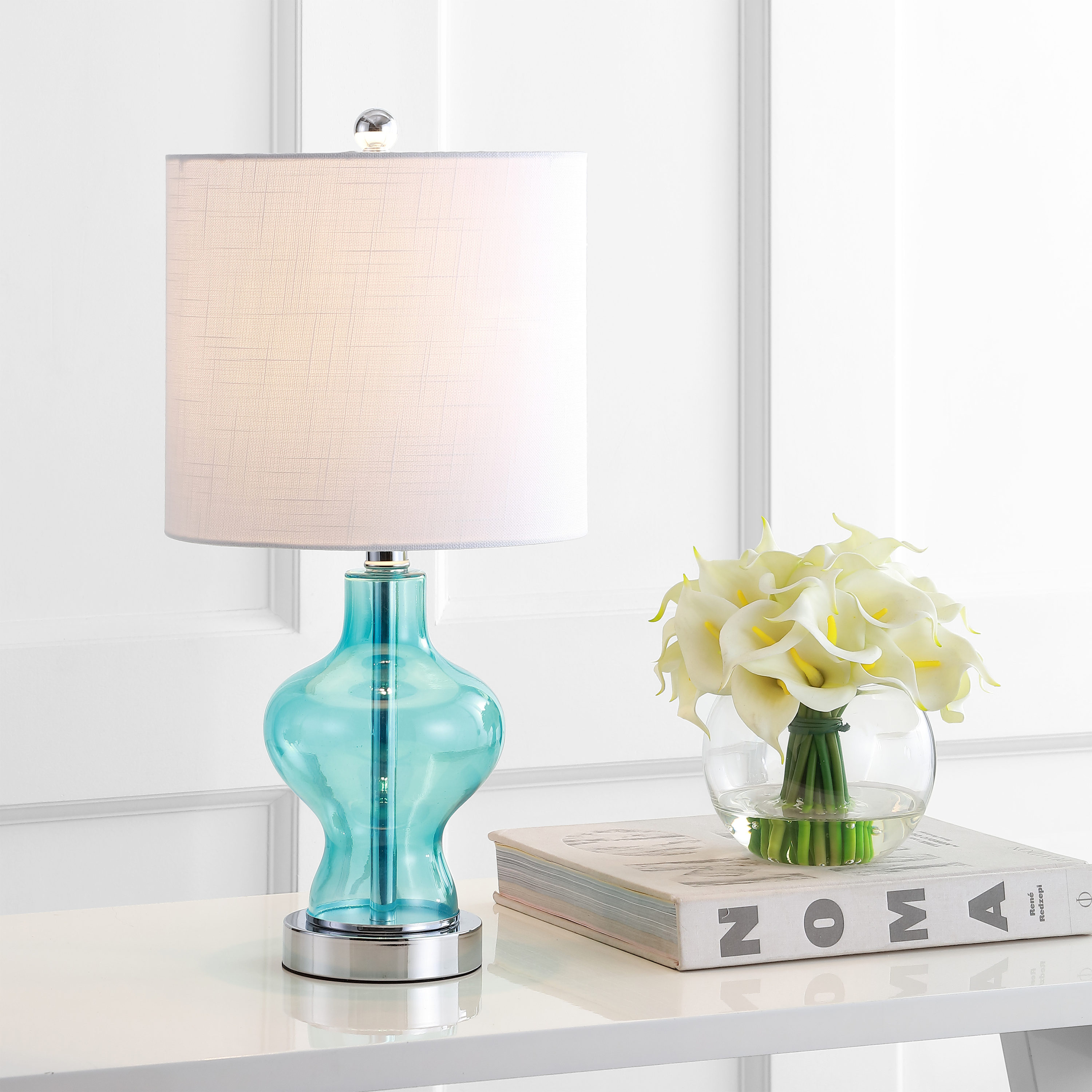 JONATHAN  Y JYL4036A Mer Glass/Metal Transitional 20.5-in Chrome LED Incandescent Rotary socket Table Lamp with Linen Shade