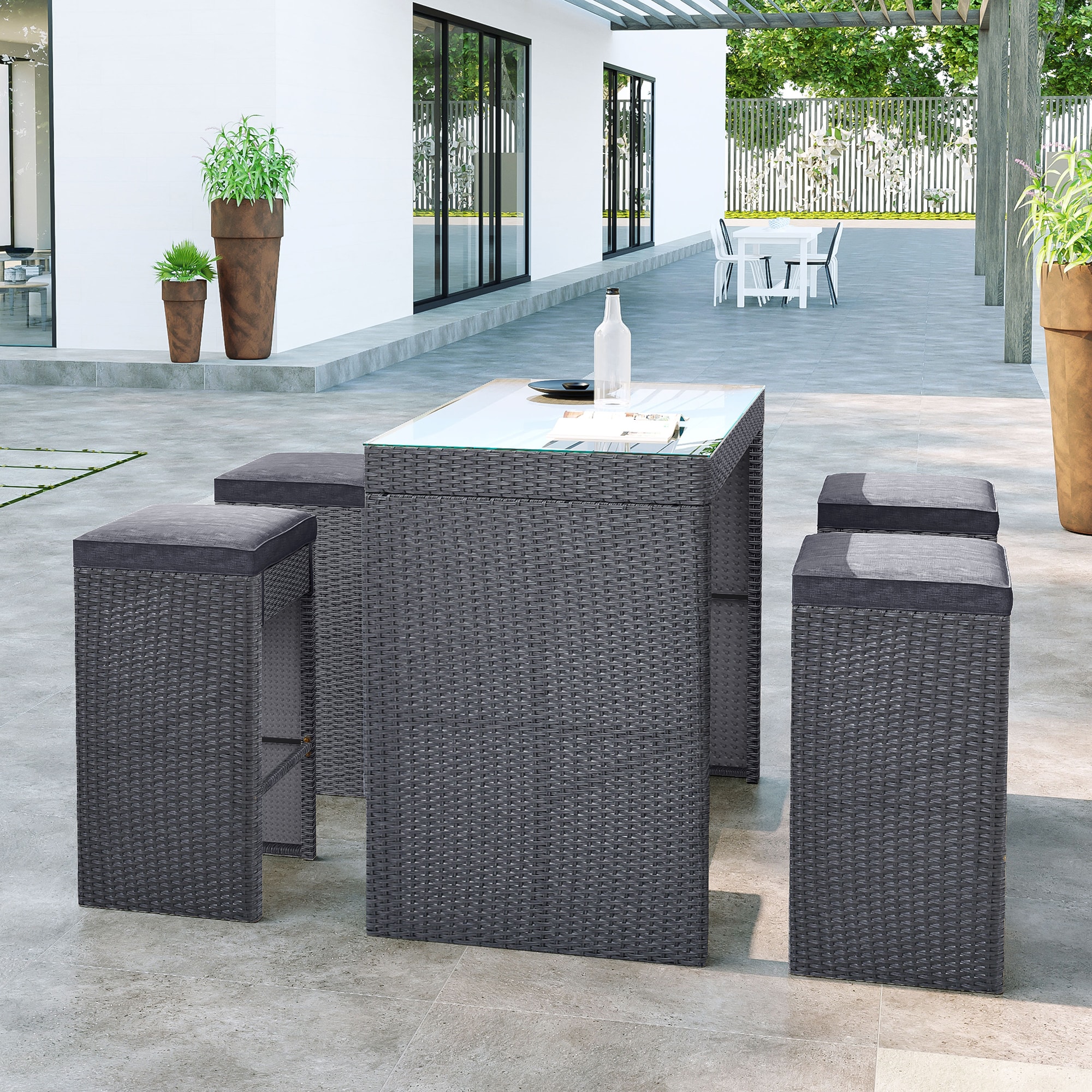 Forclover HYFL-686GR 5 -Piece Rattan Patio Conversation Set with Gray Cushions