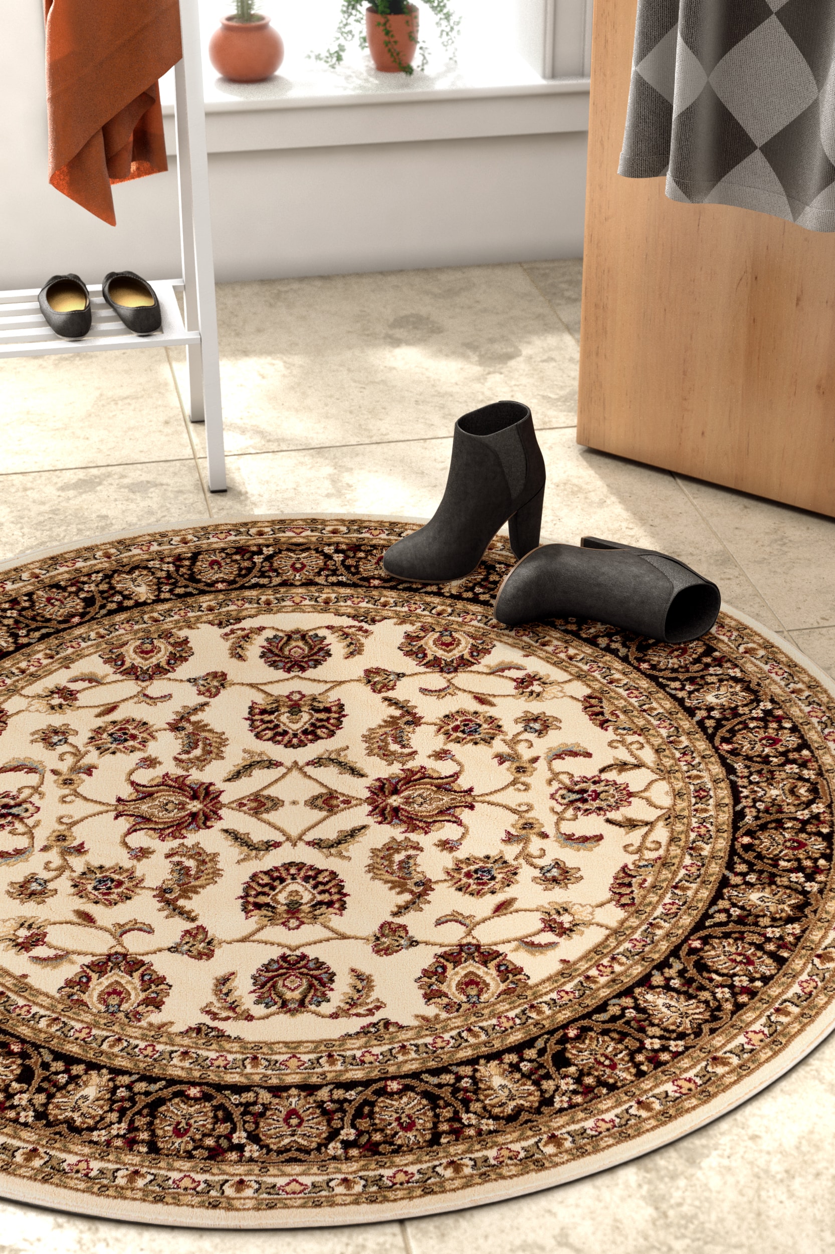 Well Woven 549320 5 x 5 (ft) Loomed Polypropylene Ivory Round Indoor Medallion Persian Area rug
