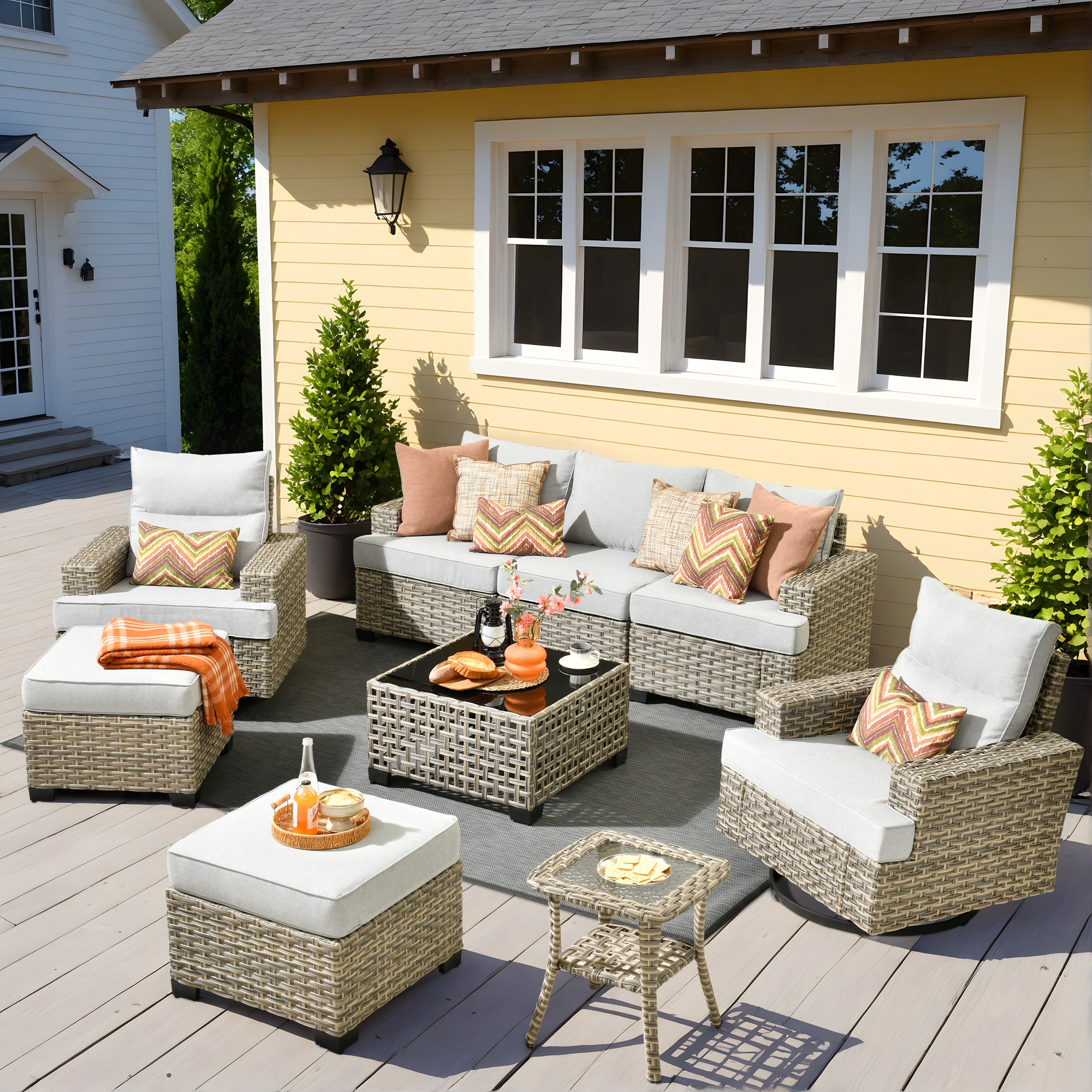 Pouuin STYZBS407 7 -Piece Wicker Patio Sofa Conversation Set with Light Gray Cushions