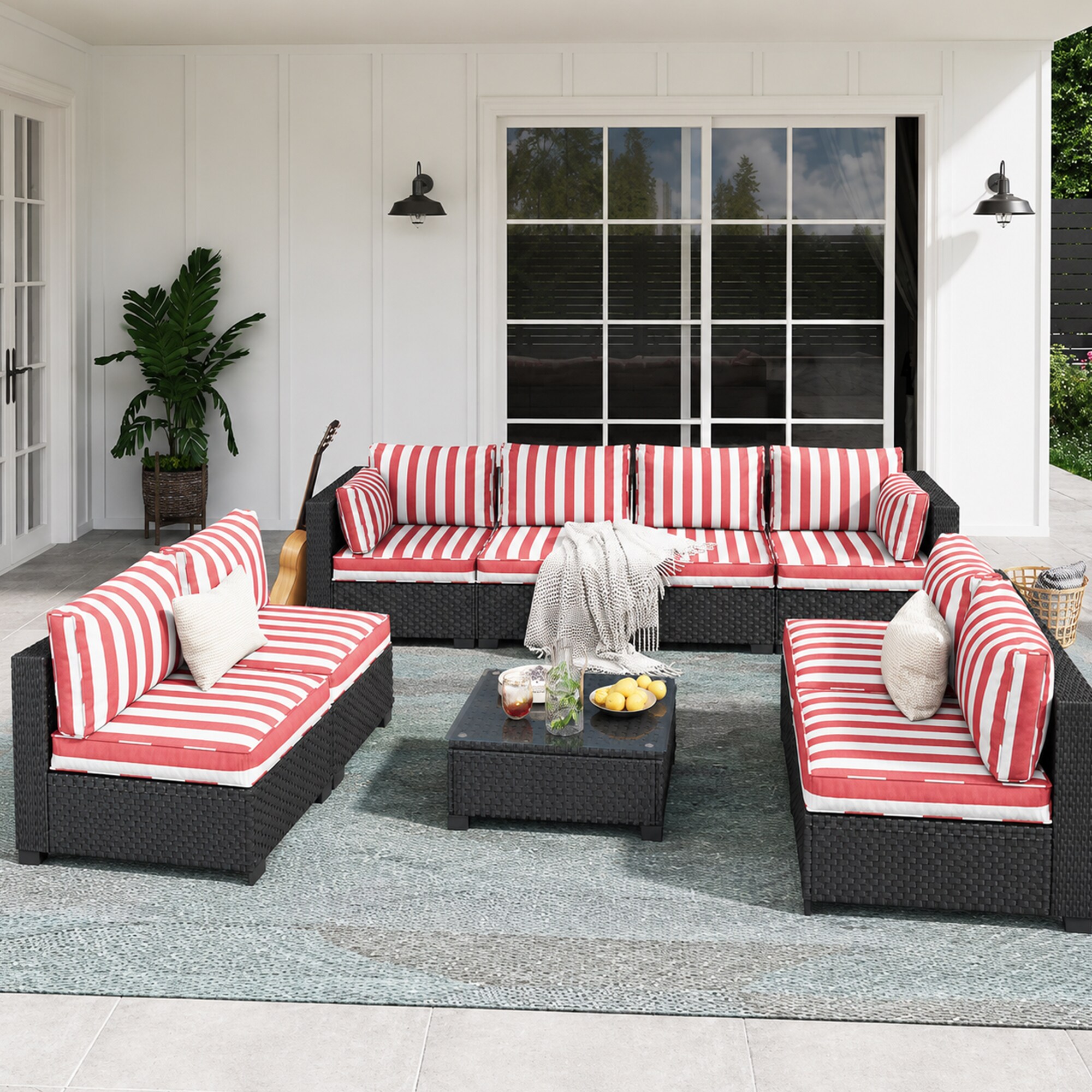 HYALON 9-Piece Wicker Outdoor Patio Conversation Sofa Seating Set with Coffee Table and Striped Red Cushions and Sofa Cover