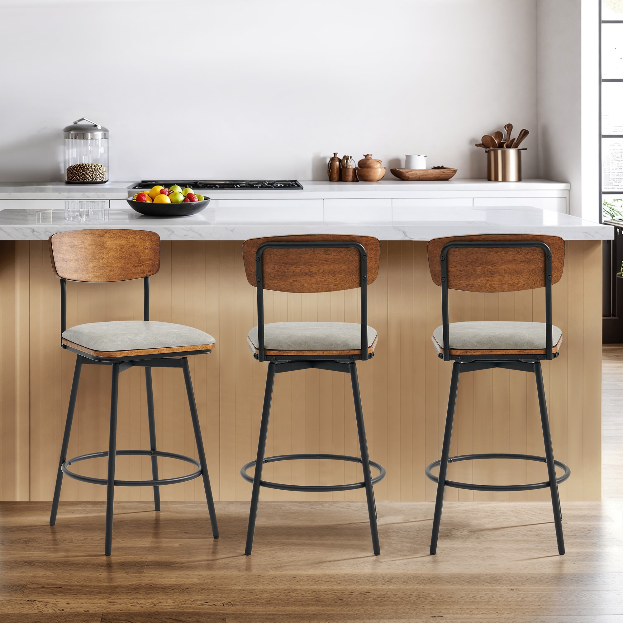 Circle 55 3-LWSY2007-PUGTSF 3 -Set Sand Gray 27-in H Counter height Square seat Upholstered Swivel Metal Bar Stool and Back