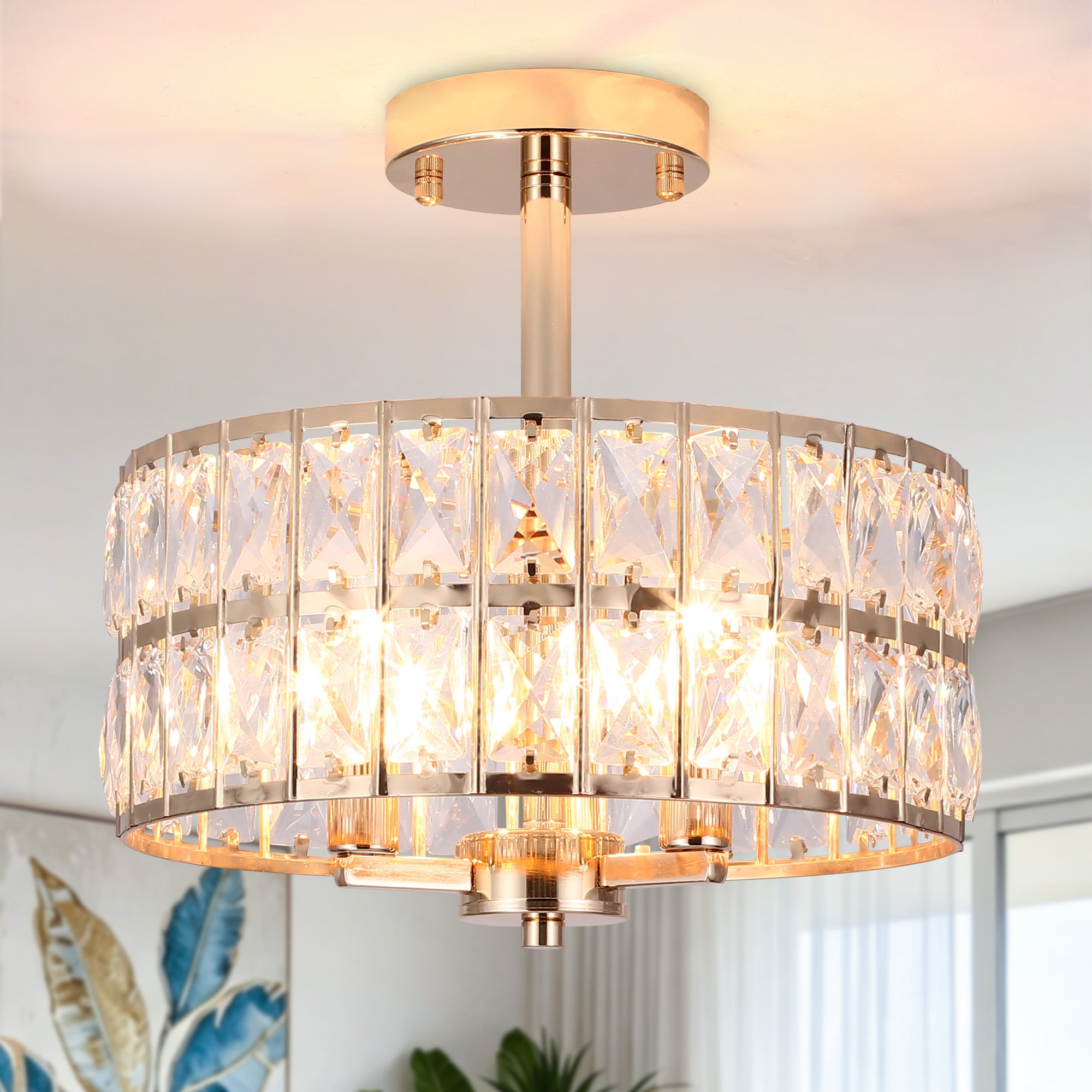 ADSENSTY  3 Light French Gold Crystal Ceiling Light Semi Flush Mount Drum Ceiling Light Fixture E12 Base Modern Glam Ceiling Light for Bedroom Living Room Dining Room Entryway Closet Kitchen Hallway