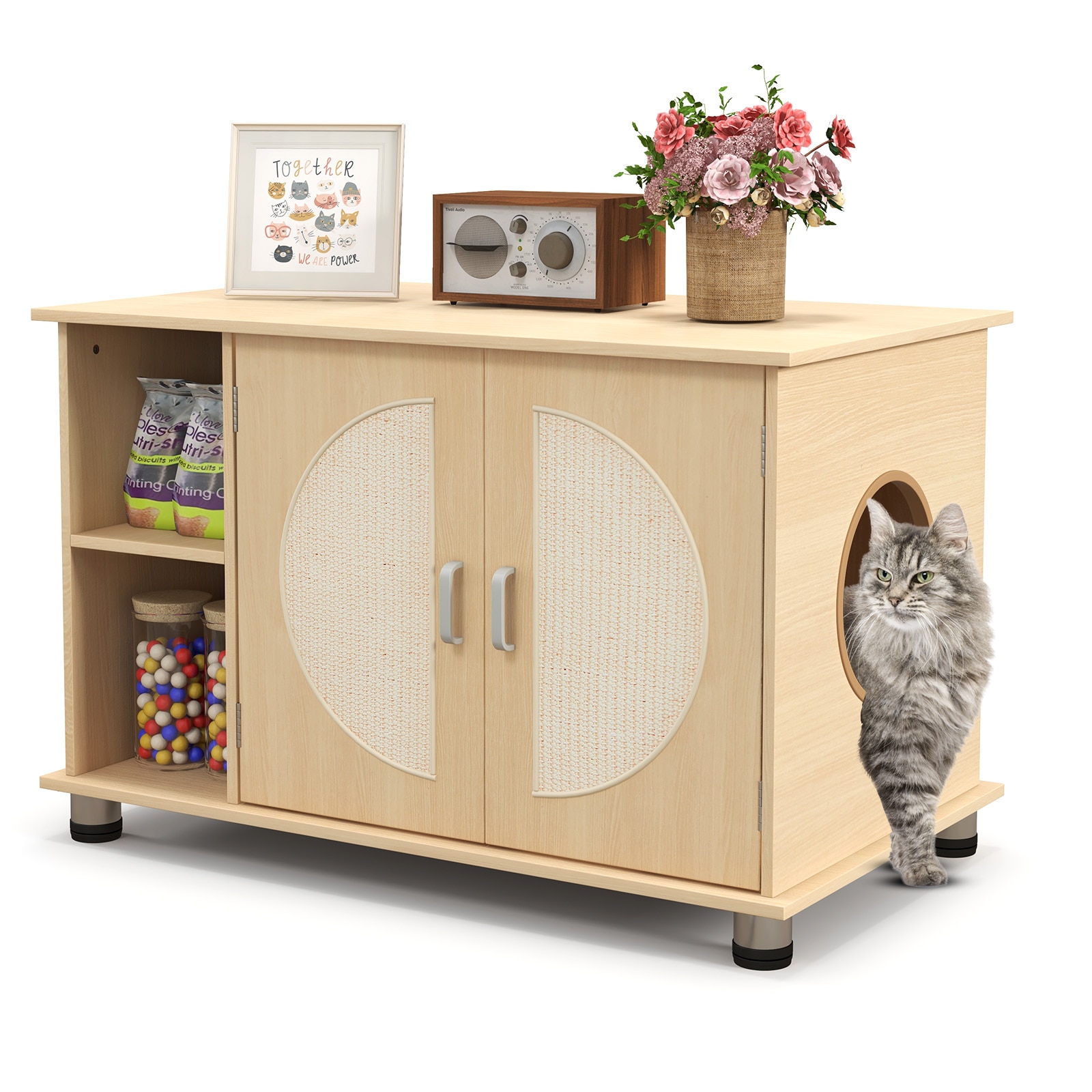 Slickblue D-CO-AN74101VP Cat Litter Box Enclosure with Sisal Scratching Doors Adjustable Metal Feet Hidden Litter Cabinet for Indoor Use- Natural