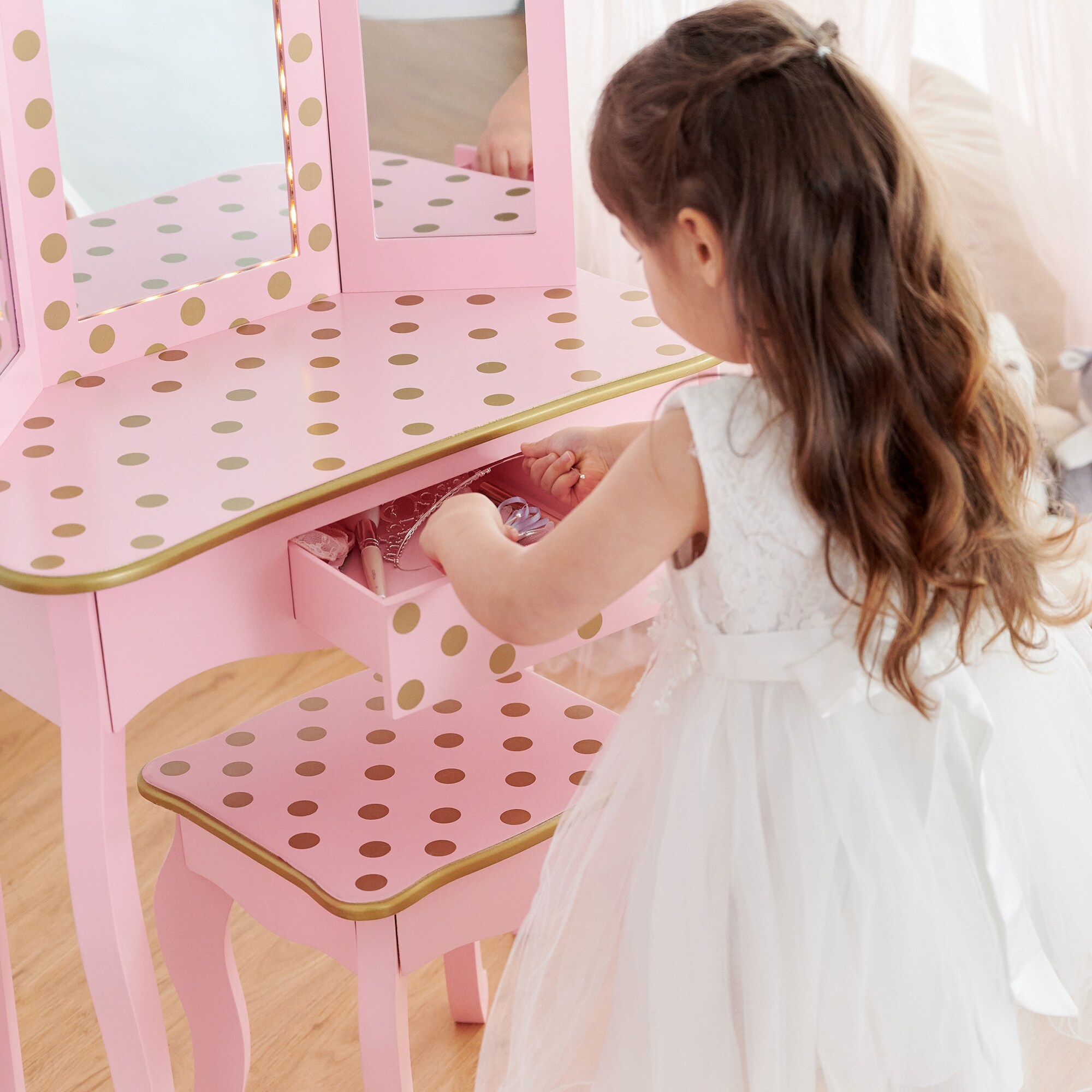 Teamson Kids - Fashion Polka Dot Prints Gisele Play Vanity Set with LED Mirror Light - White / Gold