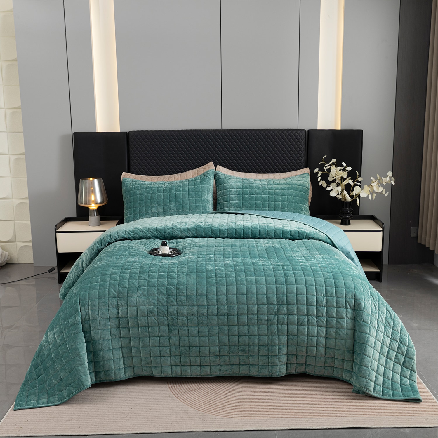 Luupatchy Luxury Velvet Diamond Stitch Quilt Set 3 Piece Reversible Bedspread with Pillow Shams King Green