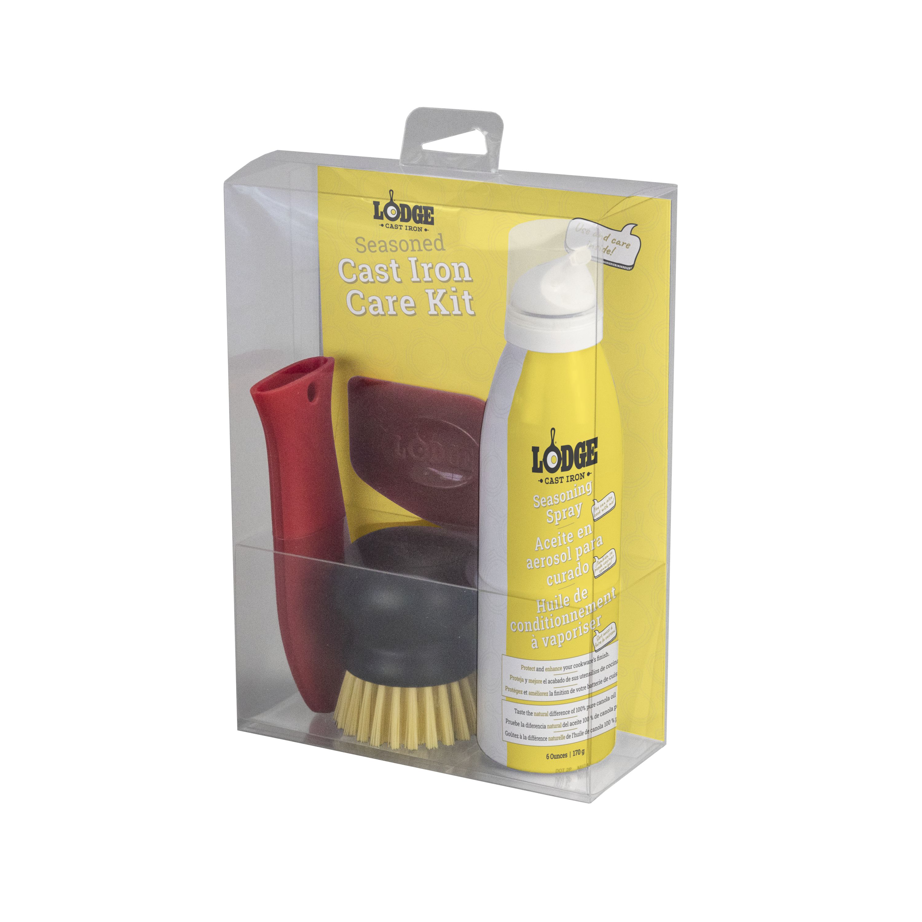 Lodge A-CAREC1 Cast Iron Care Kit w/ 6 oz Seasoning Spray, Pan Scraper,  Handle Holder, & Scrub Brush