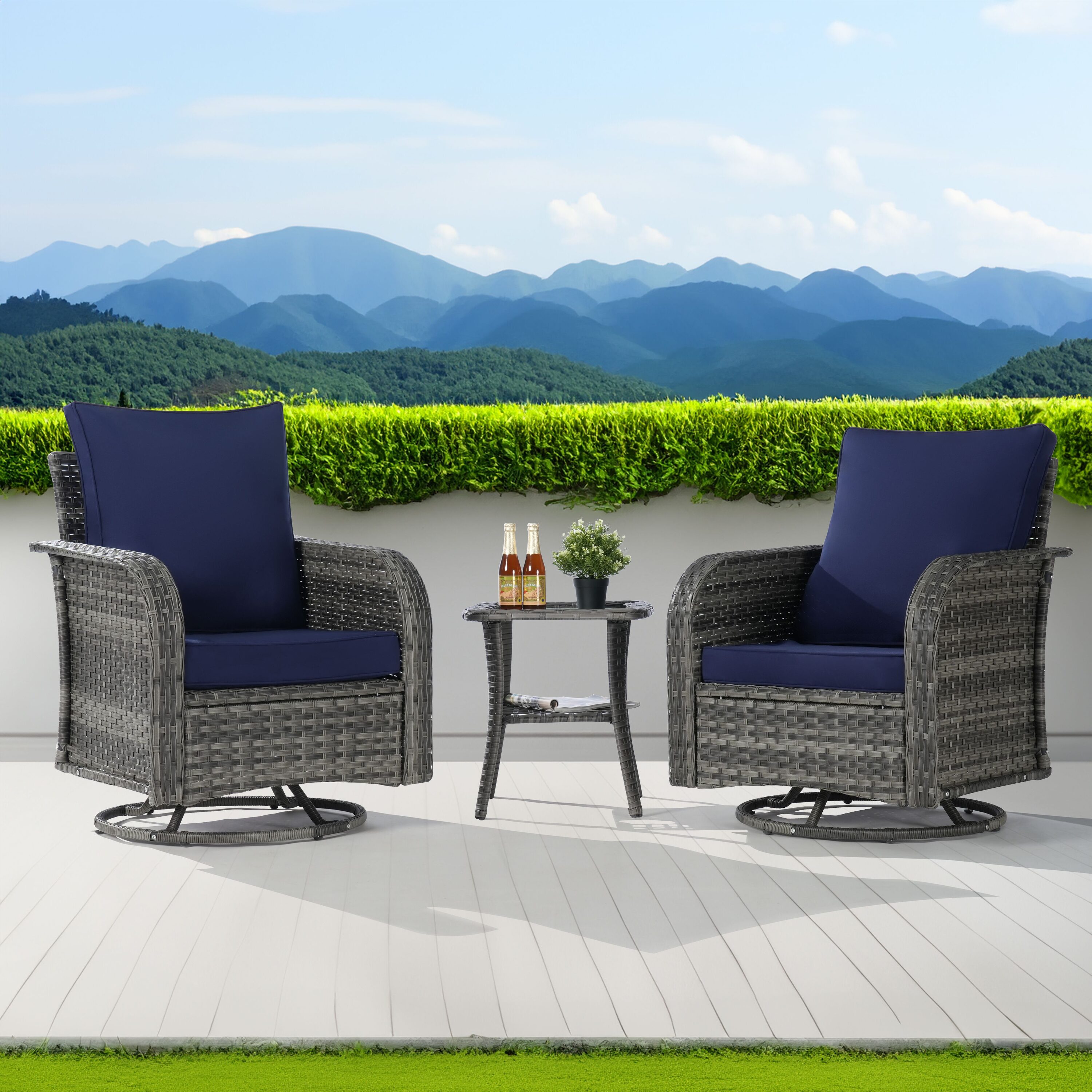 SANSTAR L-RBS-62LY Patio Conversation Set 3 -Piece Wicker Patio Conversation Set with Gray Cushions