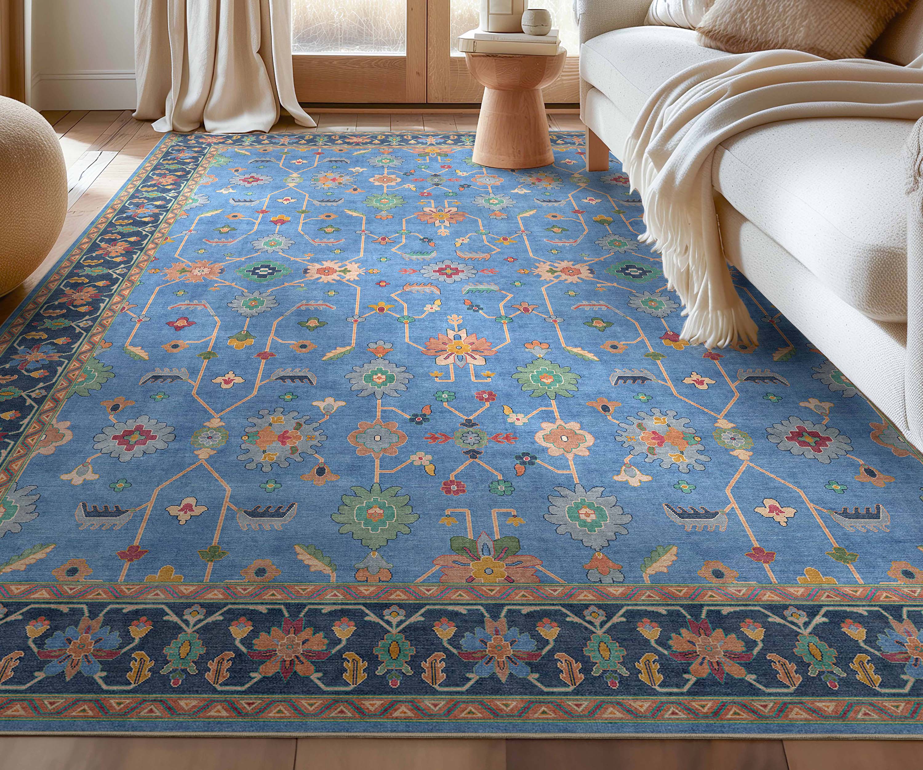 Well Woven W-US-02A-7 Ushak 8 x 10 (ft) Polyester Blue Rectangular Indoor Floral/Botanical Oriental Area rug