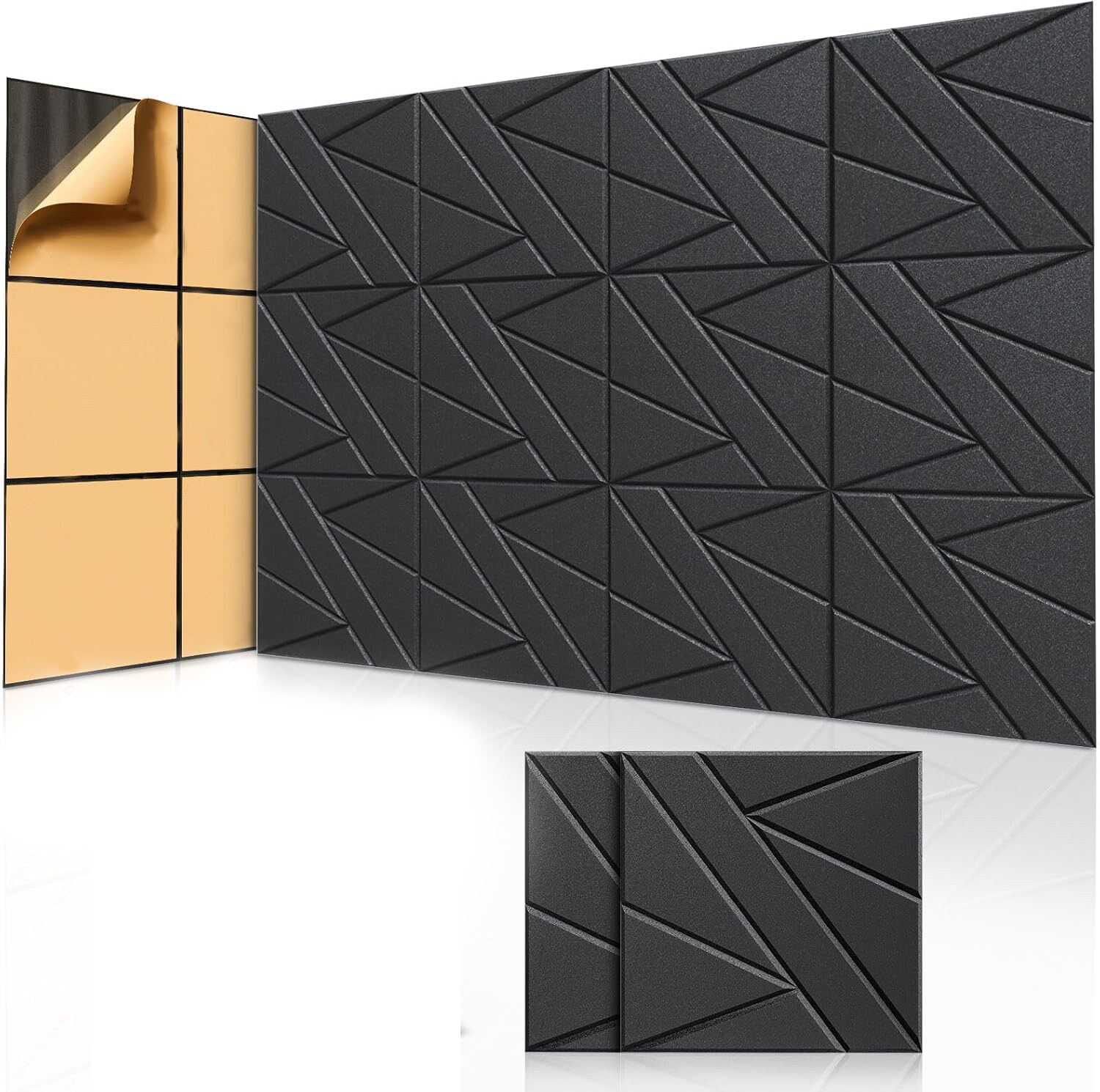 Etokfoks  Black Polyester Sound Absorbing Wall Panel 8 Pack 0 47in Thick 1ft x 1ft 45 Degree Chamfer Self Adhesive Acoustic Panel