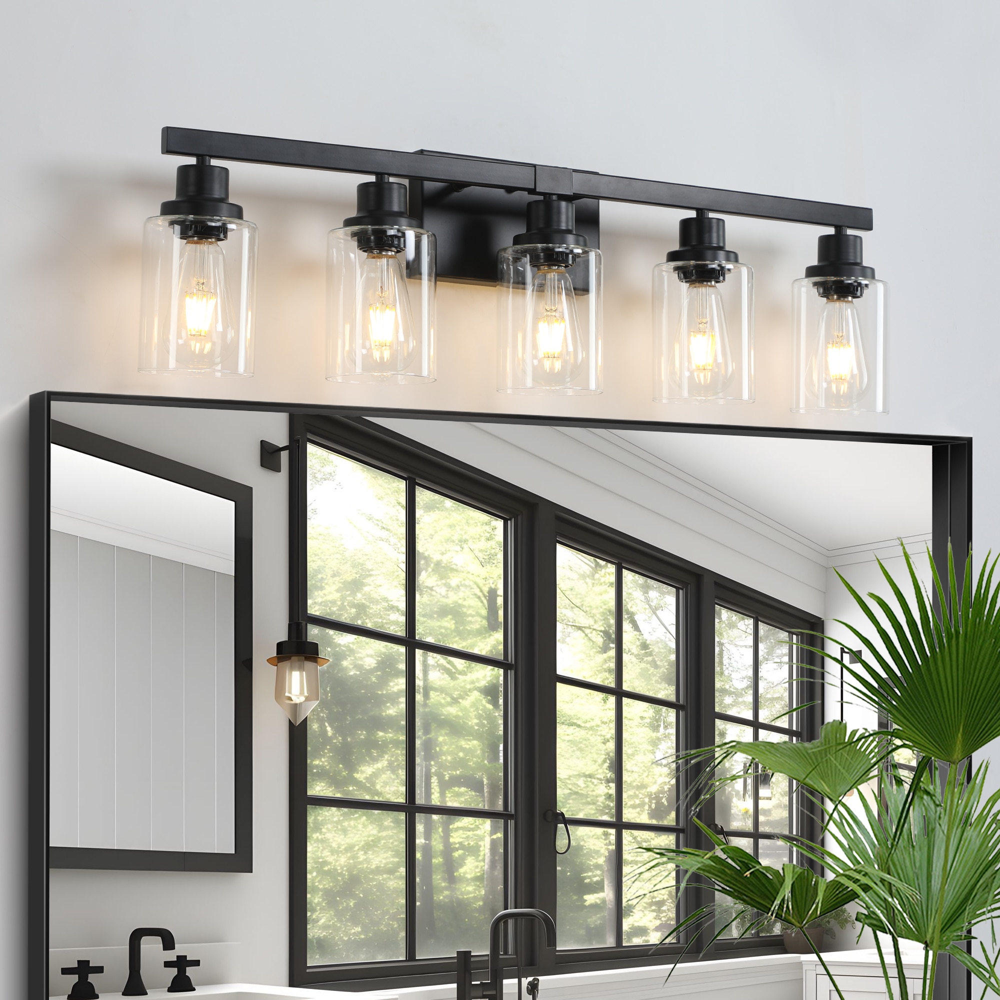 WELLFOR GASL345 Vanity Light with Clear Glass Shades 31.1-in 5 -Light Black Farmhouse Vanity light