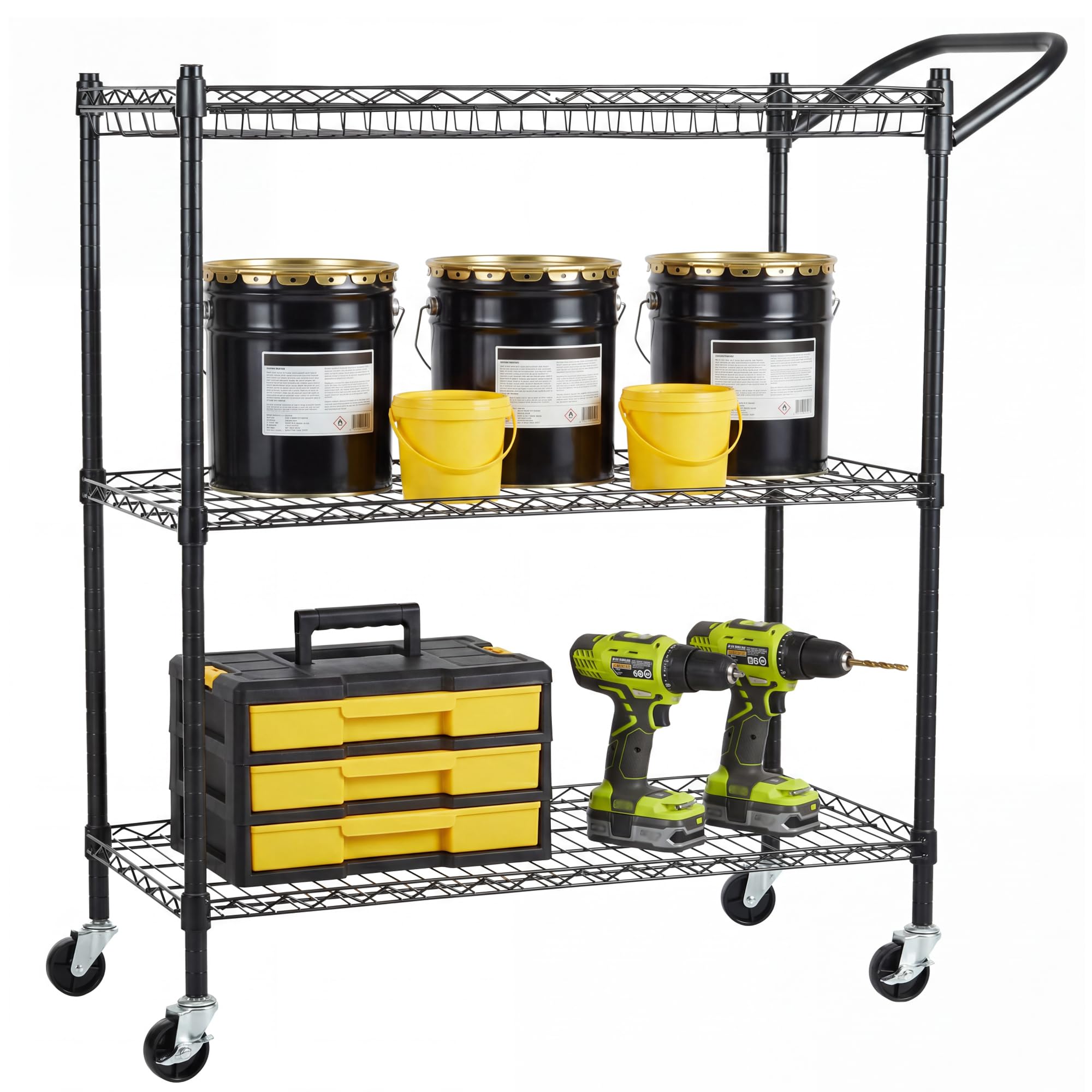 GarveeLife 3 Tier Black Heavy Duty Utility Cart 990LBS Wire Shelving Rolling Cart Kitchen Storage Handle Bar