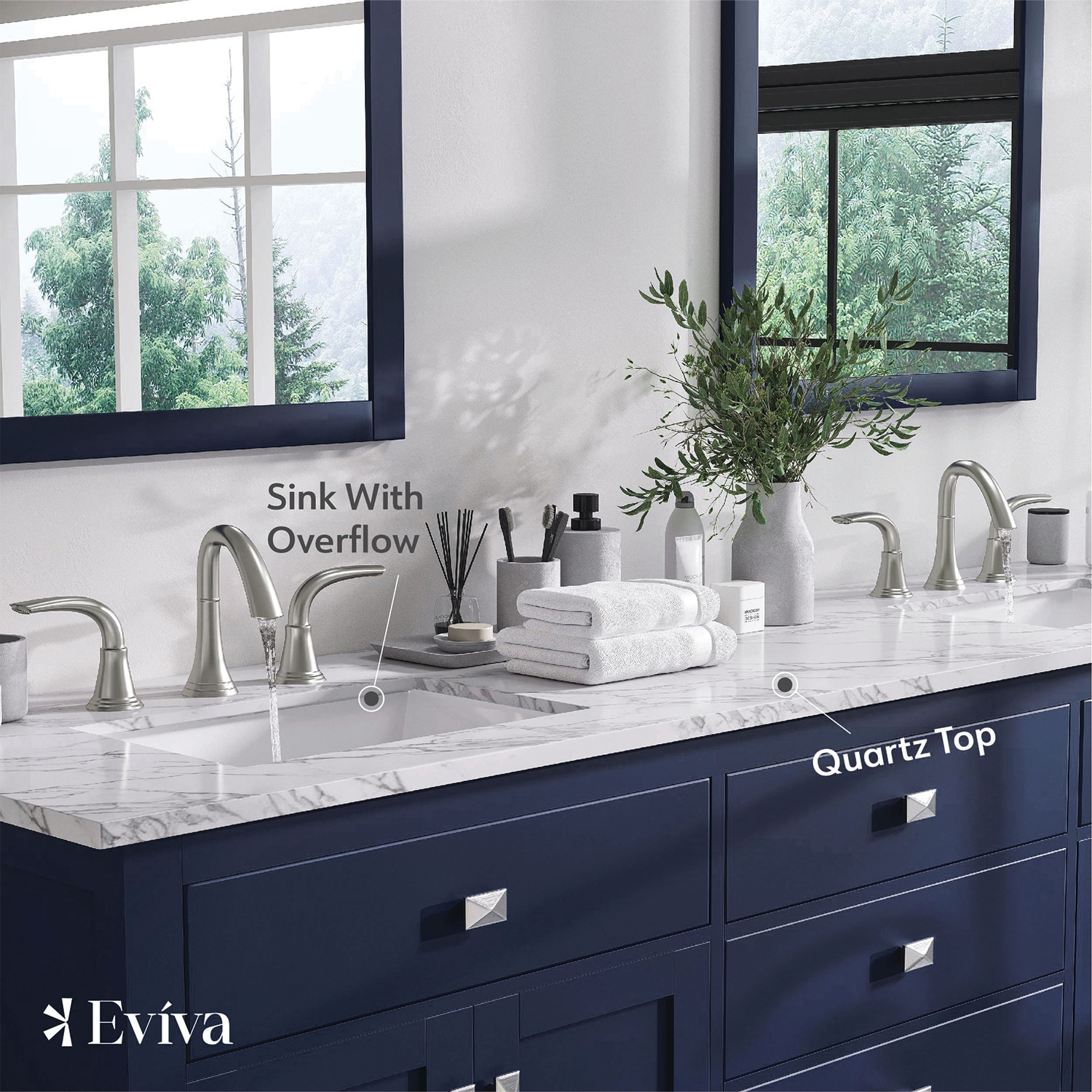 Eviva Navy 72 inch Deep Blue Bathroom Vanity with White Carrera Counter-top  and Double White Undermount Porcelain Sinks