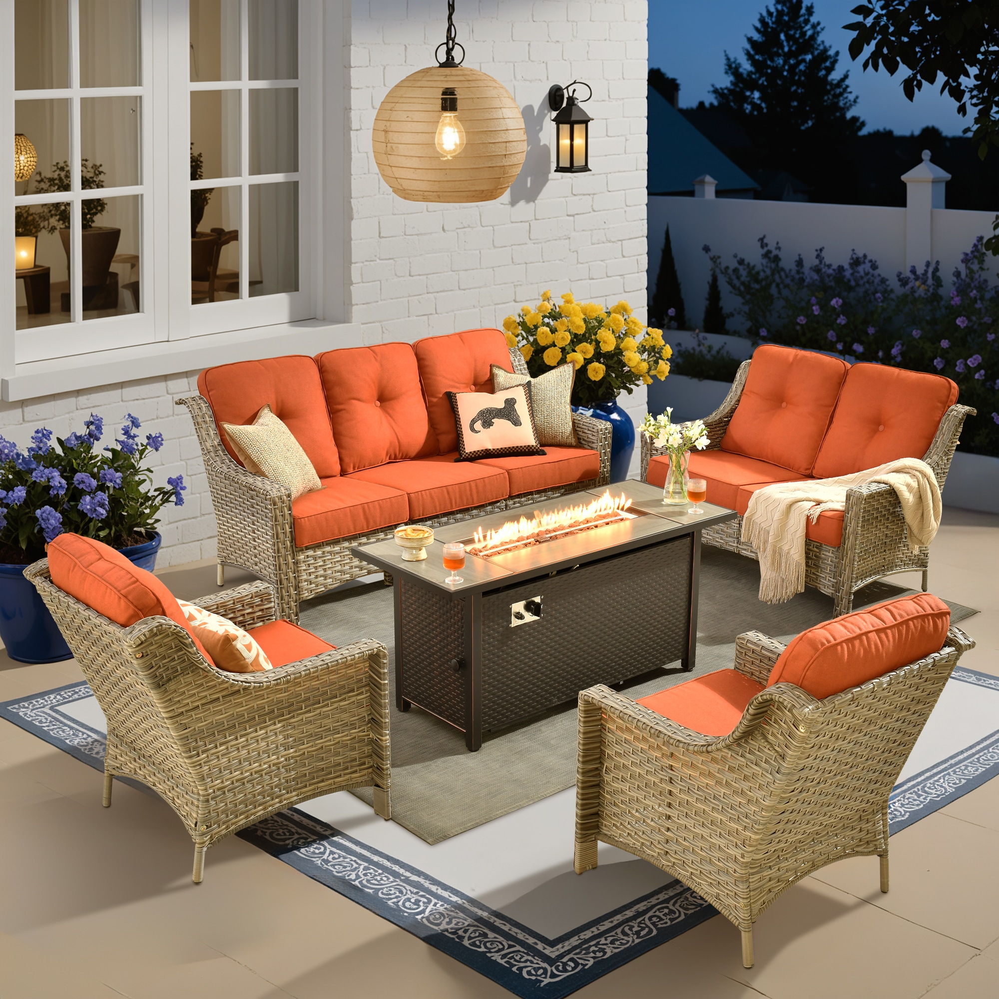 XIZZI XIPADF8C044-IFP54 Pyrophyllite 5 -Piece Rattan Patio Sofa Conversation Set with Orange Cushions