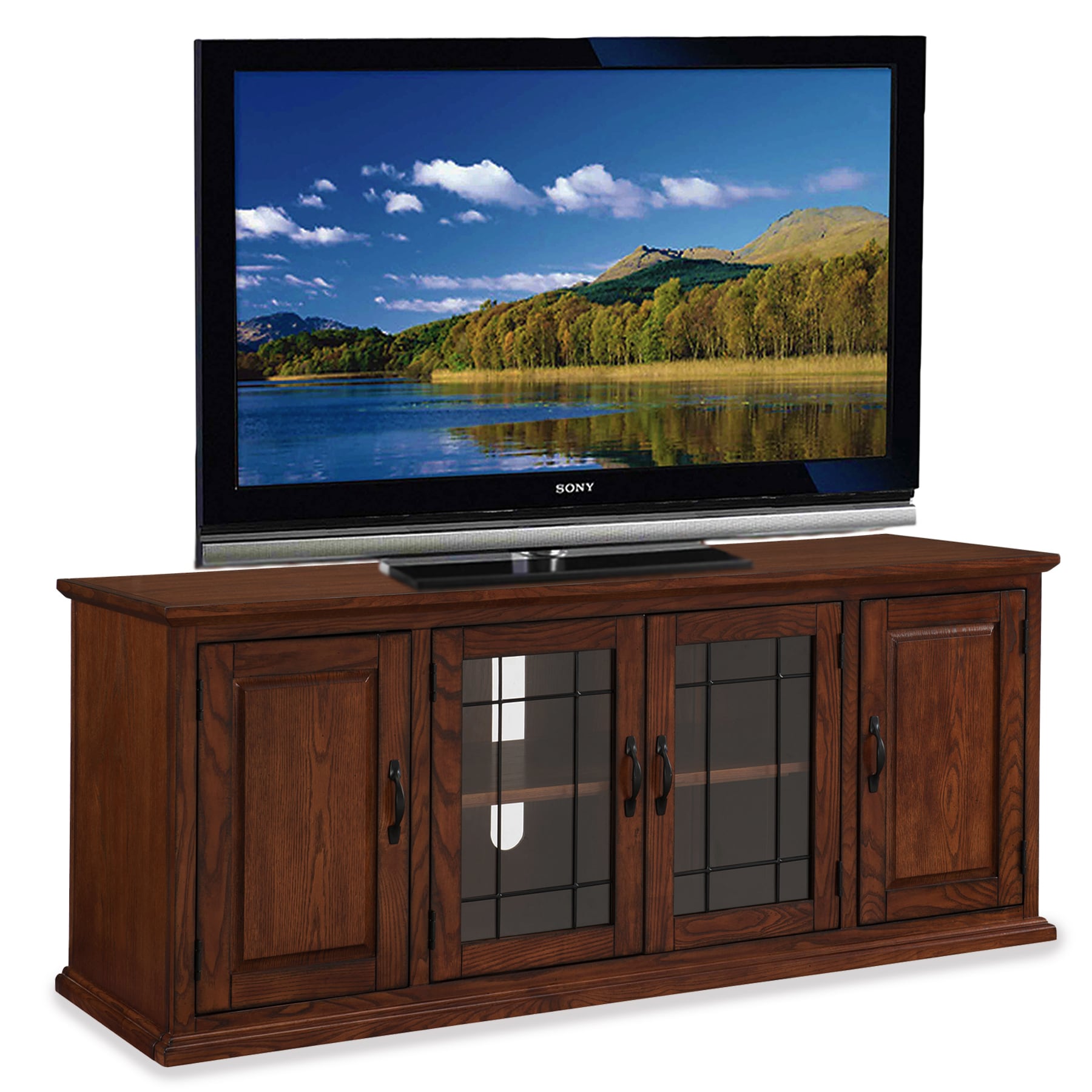 Burnished Oak 60" TV Stand with Leaded Glass Cabinet