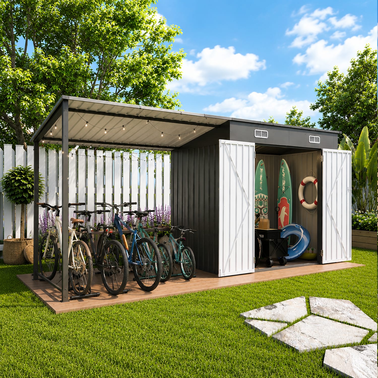 RITSU -  152.99 in L x 46.85 in W x 72.83 in H Gray Hardtop Pergola and Bike Storage Shelter with...