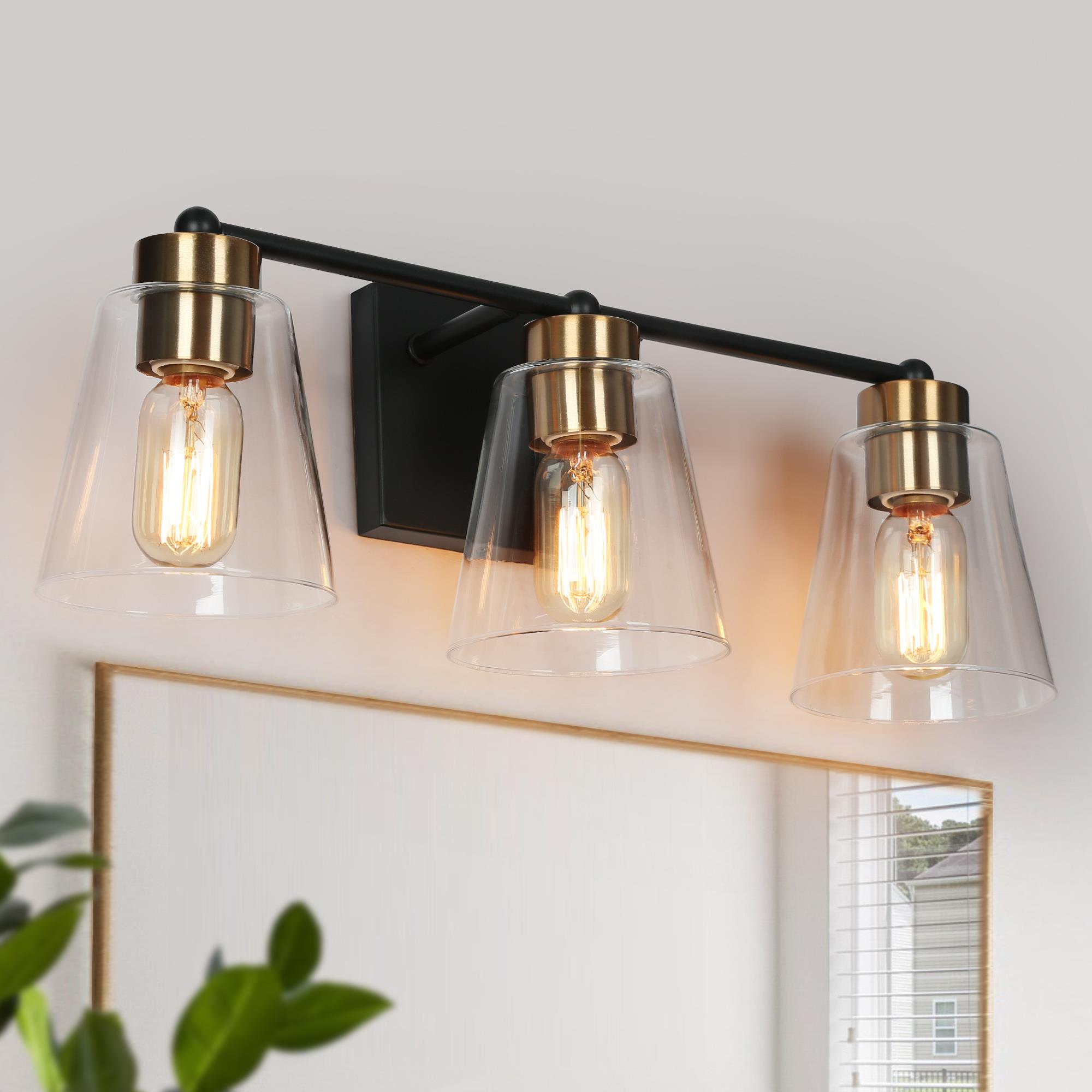 Uolfin 21-in 3-Light Black and Polished Brass Gold with Cone Glass LED ...