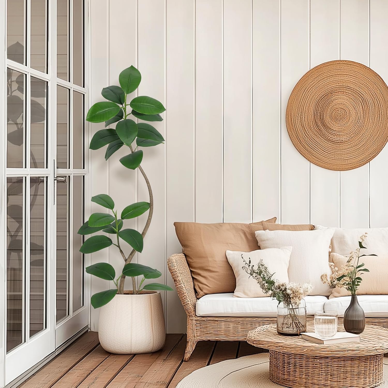 Garvee 5 ft Artificial Plant Rubber Tree with off white Sphere Resin Planter and Stone Faux Fiddle Leaf Fig Tree Indoor Artificial Tree Tall Plant Fake Tree Tropical Large Floor Tree Real Touch for Home Decor