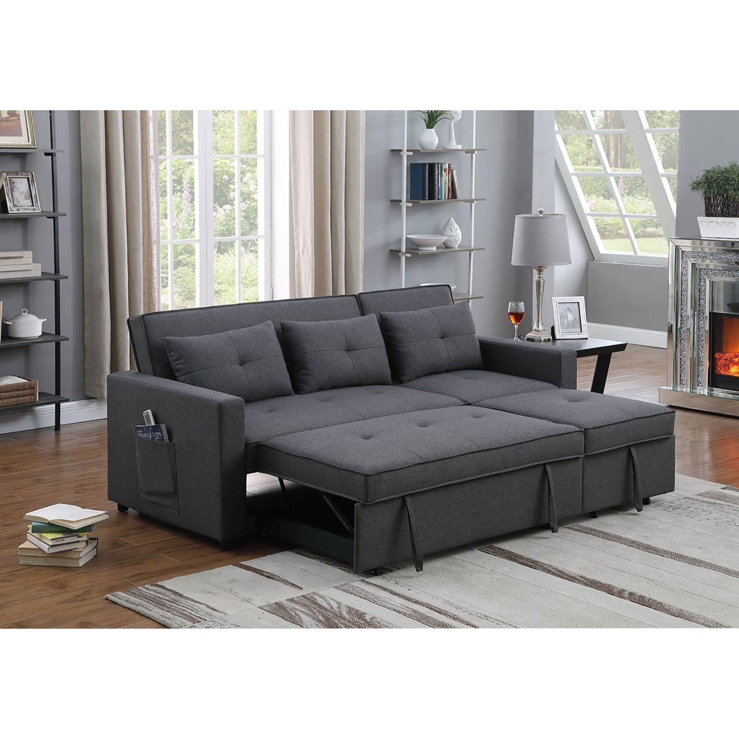 GZMR GZ-GN3087R Dark Gray Linen Convertible Sleeper Sofa with Side Pocket 79.75-in Modern Dark Gray Linen 4 -seater Reclining Sofa