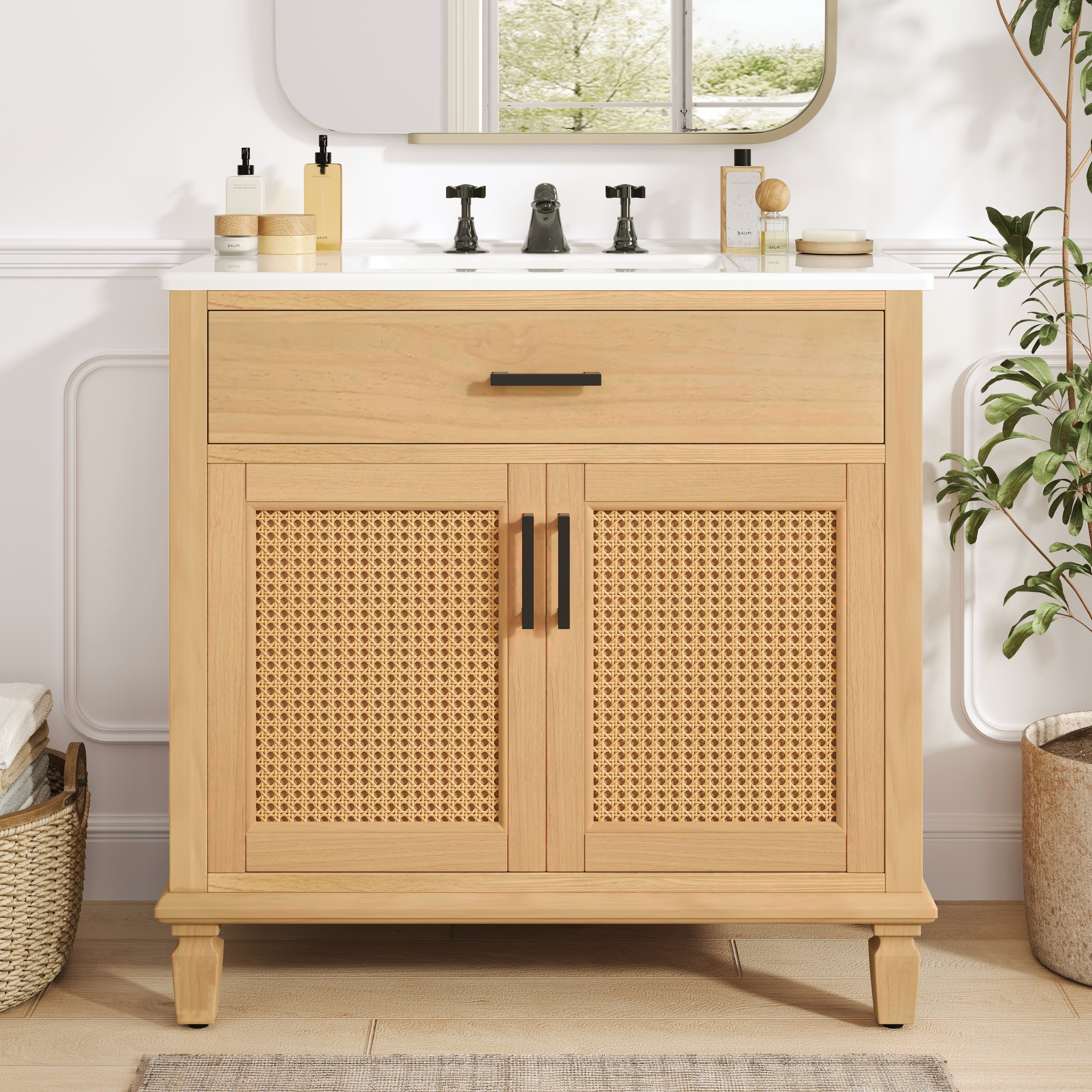 LOVMOR SF-WO-N817P271077N Rattan Bathroom Vanity with Ceramic Sink Modern Bathroom Sink Cabinet with Soft Close Doors and Drawers Freestanding Bathroom Vanity with Solid Wood Legs and Large Space Storage Natural