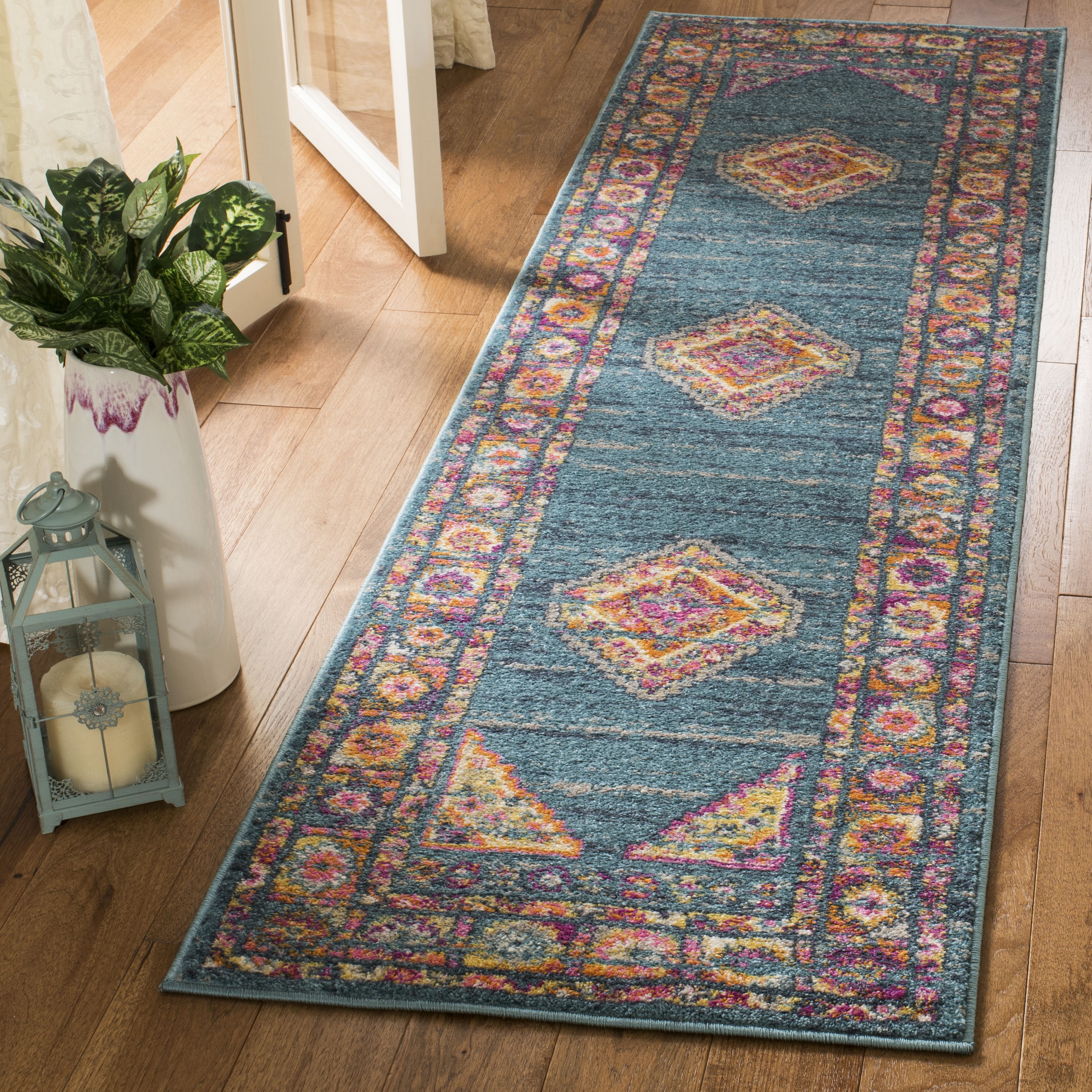 Safavieh MAD133A-212 Madison Duncan 2 x 12 (ft) Loomed Polypropylene Light Blue/Orange Rectangular Indoor Distressed/Overdyed Bohemian/Eclectic Runner rug