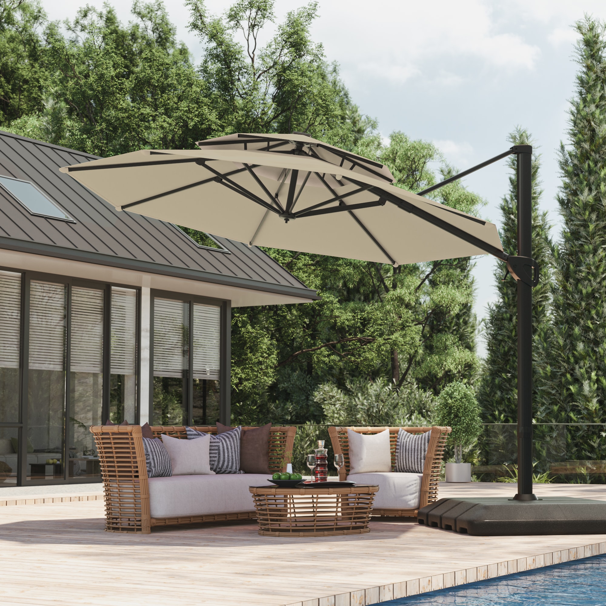 ACEGOSES LW-LED37SD-H 11-Feet Aluminum Tan No-tilt Cantilever Patio Umbrella with Base