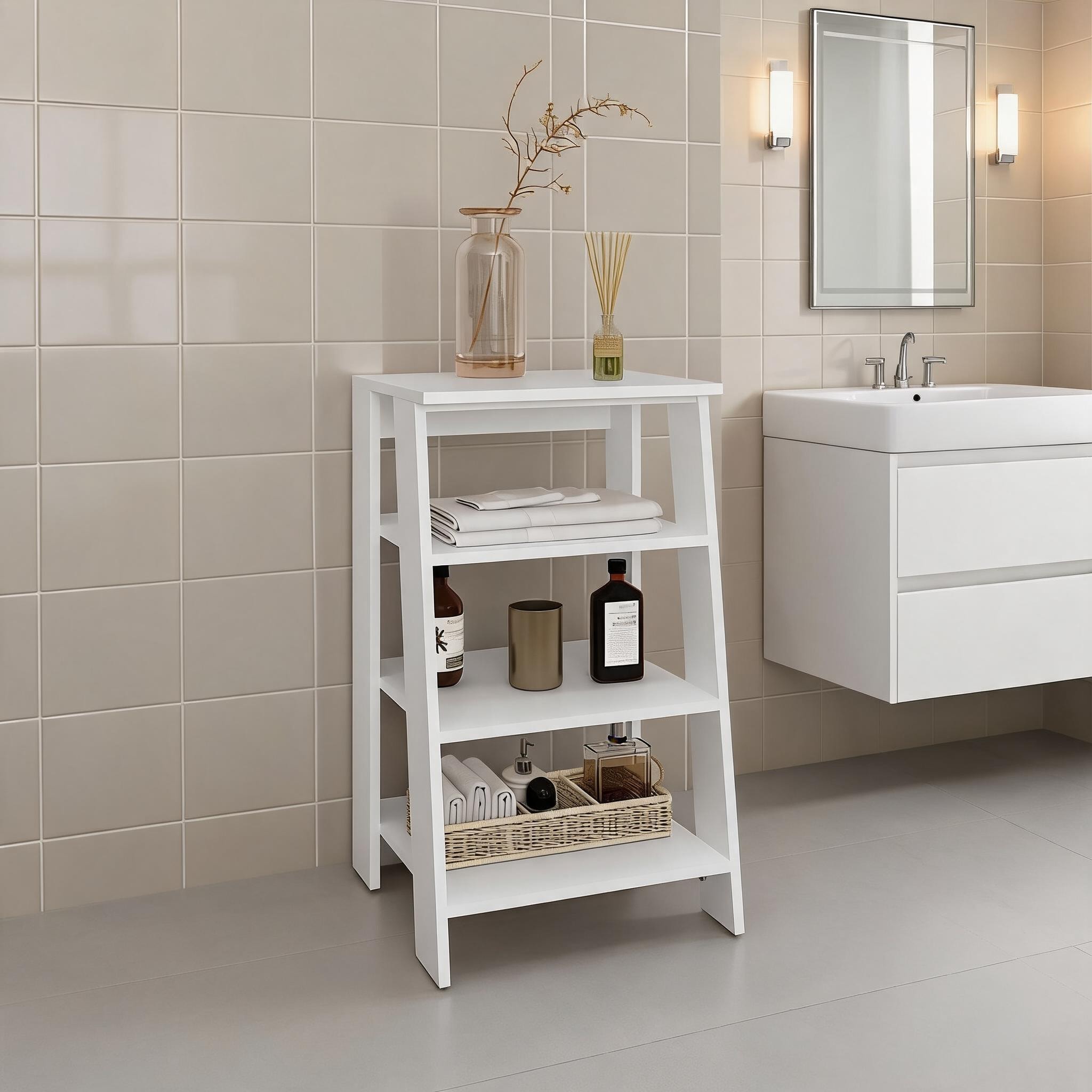 Watnature Soft White Particle Board 4-Tier Ladder Shelf Storage Organizer for Bathroom and Living Room Minimalist Style #HG33IOYG7AX6