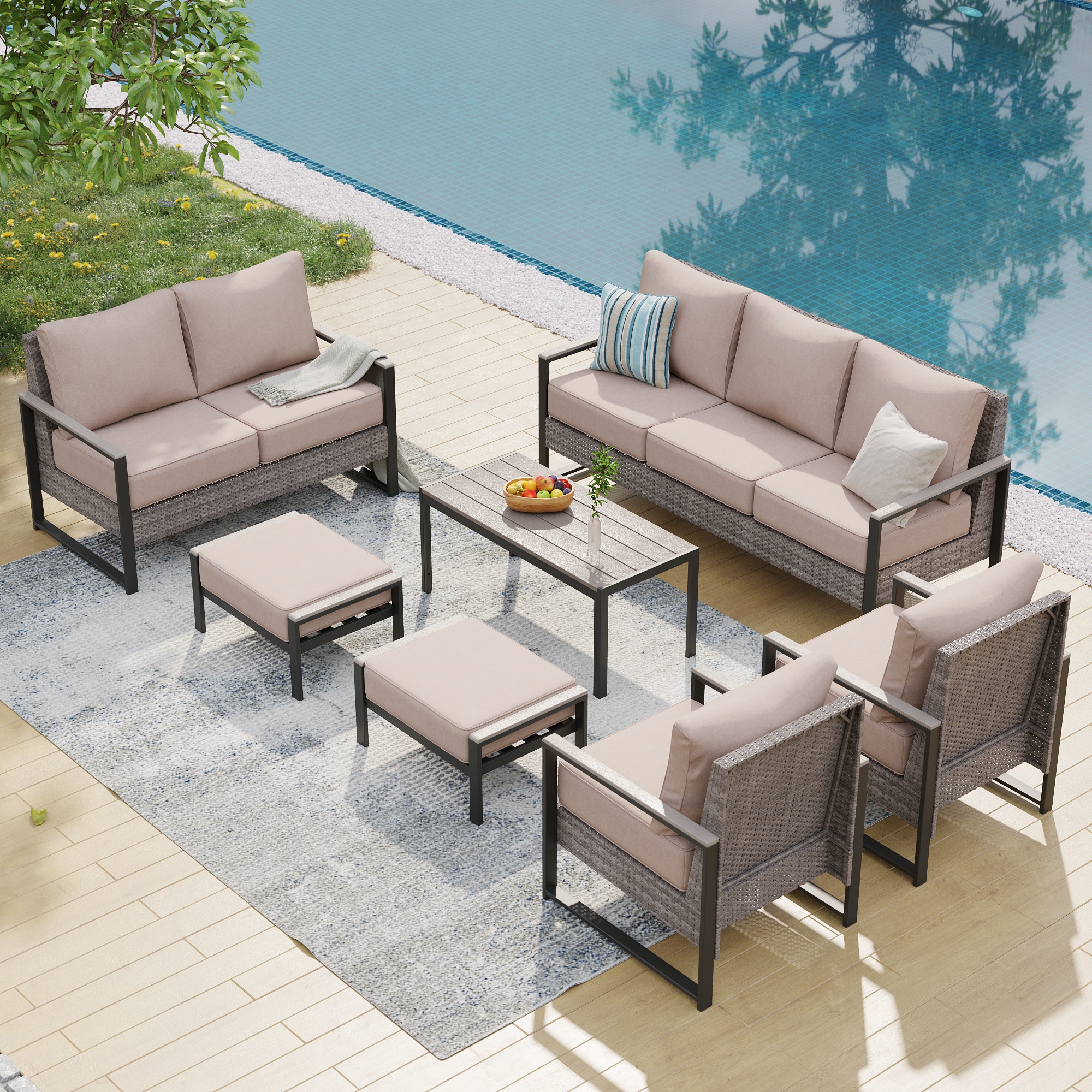 ACEGOSES LW-148HSD-S3T6 Skytop 7 -Piece Wicker Patio Sofa Conversation Set with Beige Cushions
