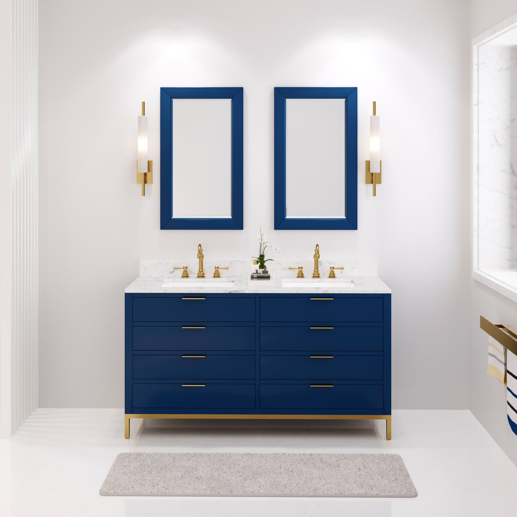Water Creation Bristol 60-in Monarch Blue Undermount Double Sink Bathroom Vanity with White Marble Top (Faucet Included) (Fully Assembled)