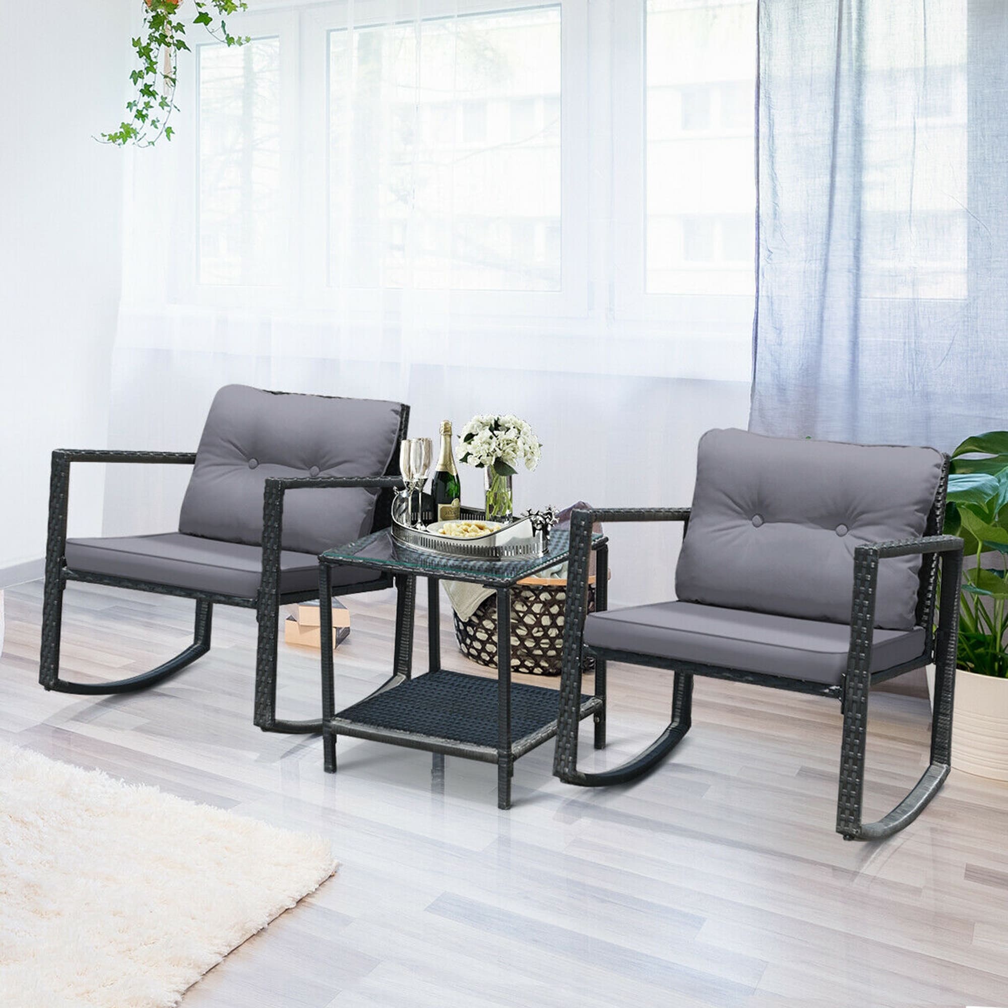 Clihome CL-GR-62861 Patio Rocking Chair Set 3 -Piece Rattan Patio Conversation Set with Gray polyester Cushions