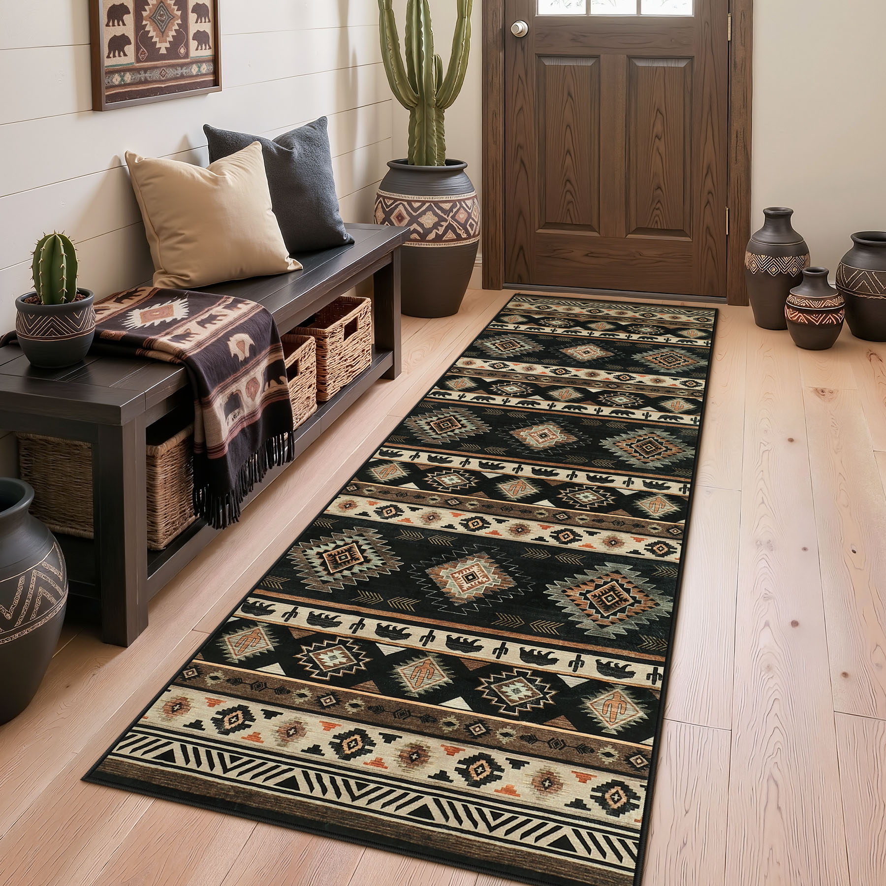 LITTLE TREE 2.5x8(ft) Navajo Southwestern Farmhouse Black Washable Area Rug Rectangular Indoor Non-Slip Oeko-Tex Soft Faux Wool Carpet with Extra Anti-Slip Patches Geometric Diamonds Rug for Entryway Living Room Nursery Bedroom