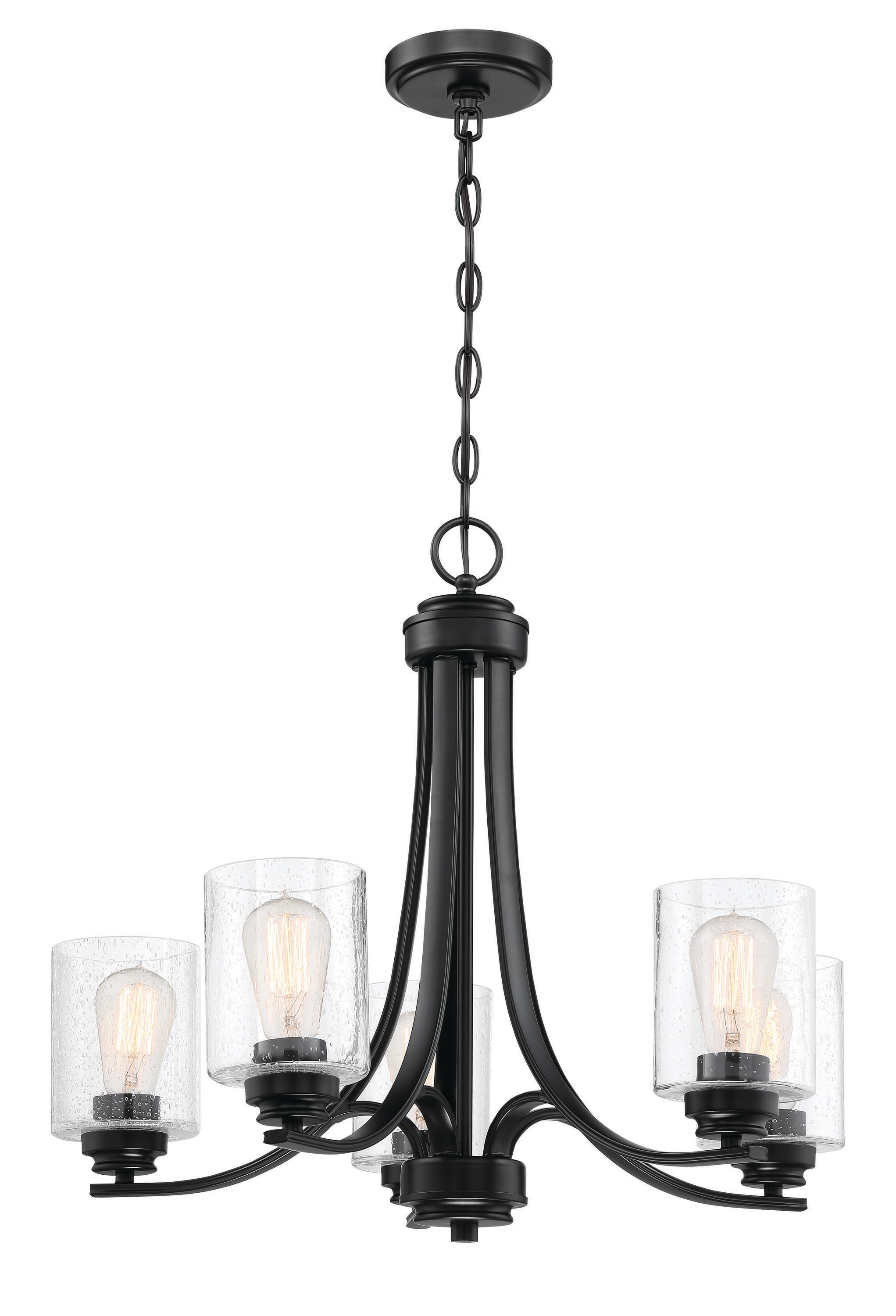 Flat Black and Clear Seeded Glass 5-Light Chandelier