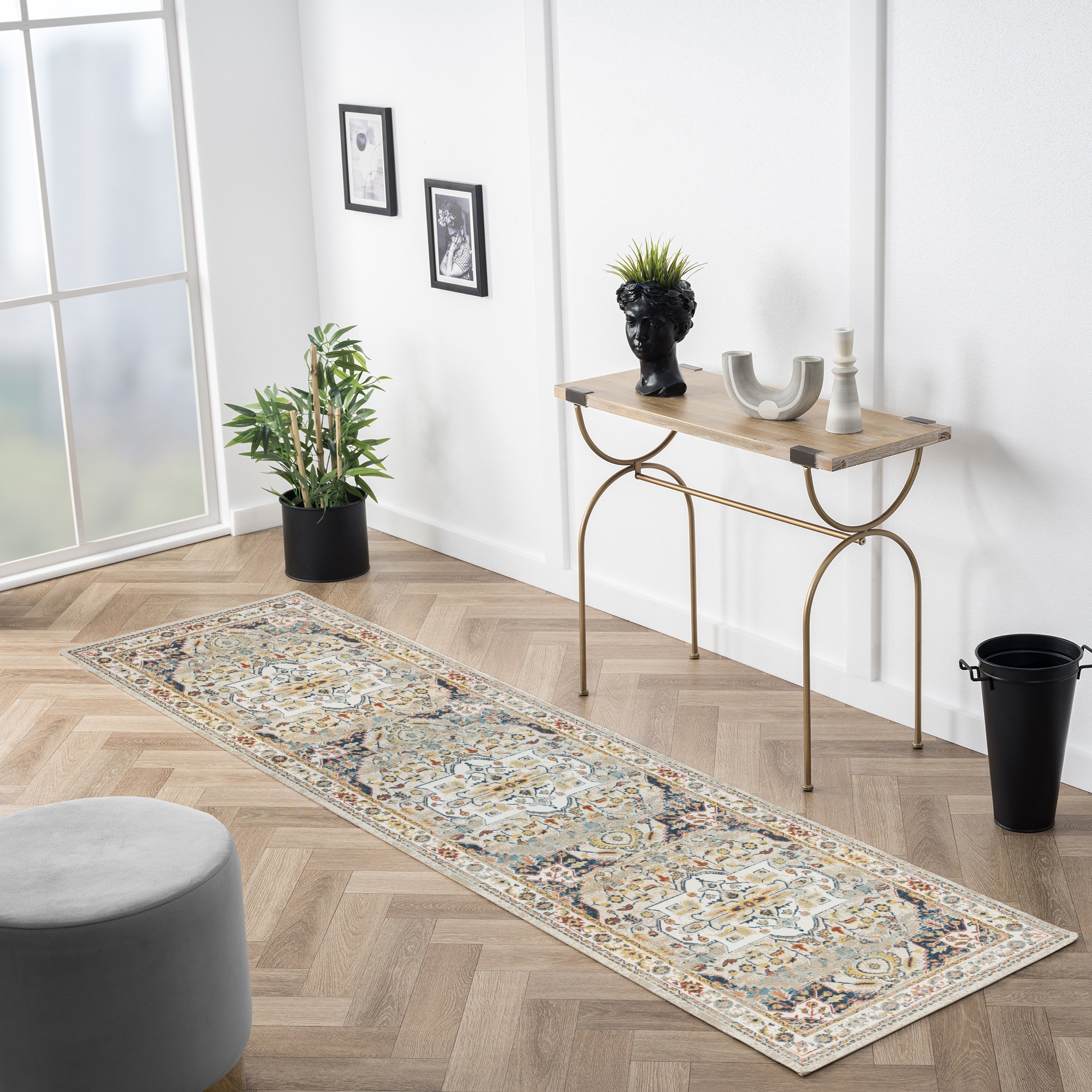 Arcady Ivory and Blue Synthetic Medallion Runner Rug