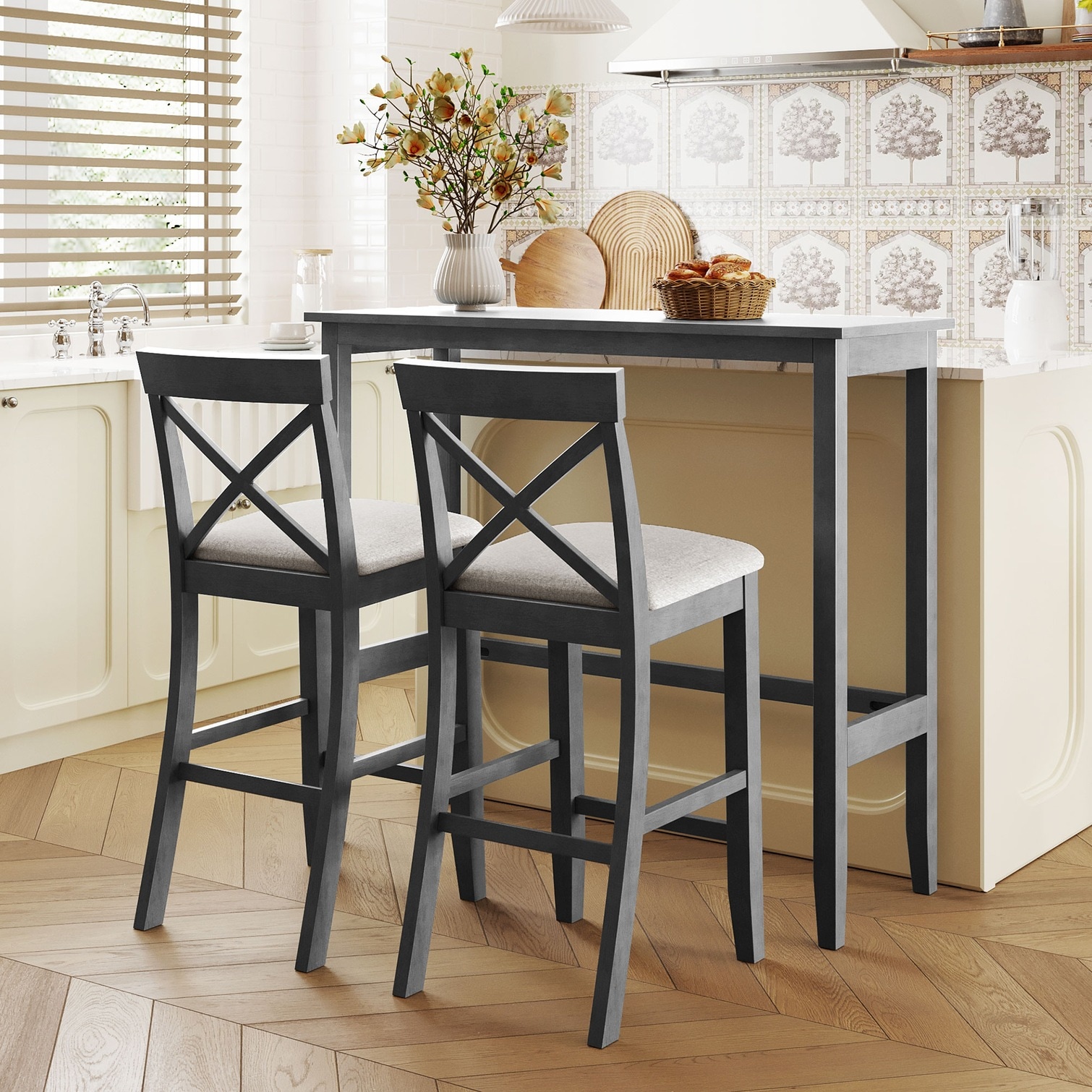 Watnature Solid Acacia Wood Bar Height Dining Set with Upholstered ...